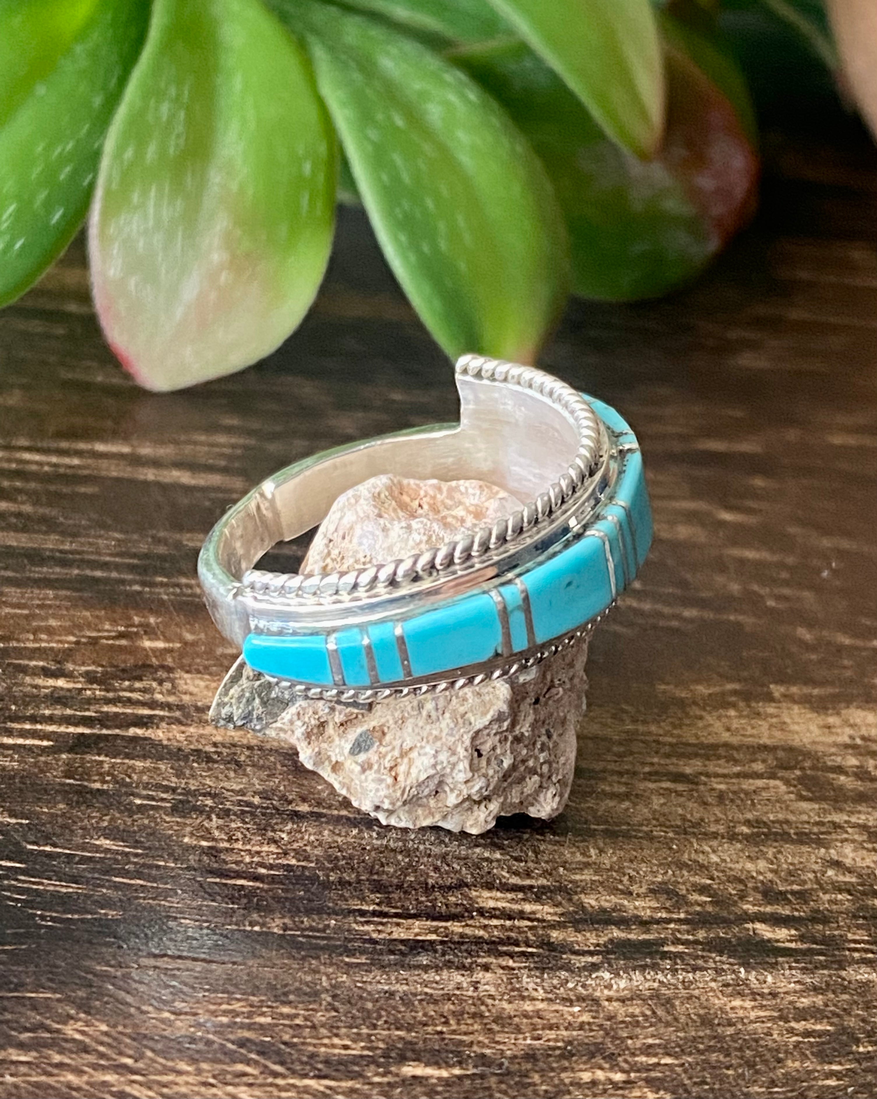 Navajo Made Kingman Turquoise & Sterling Silver Inlay Ring Size 11
