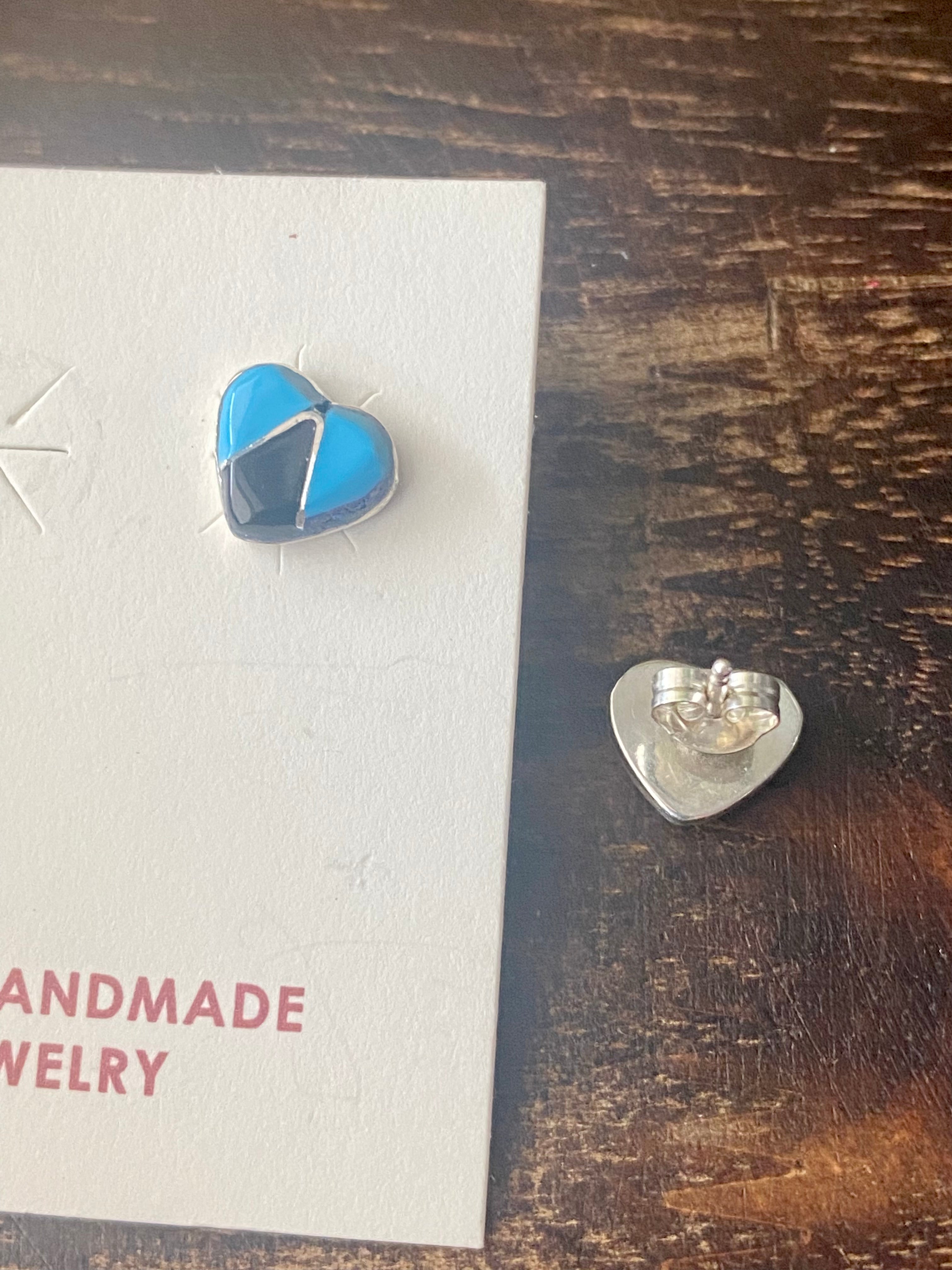 Karen Lalio Multi Stone & Sterling Silver Inlay Heart Post Earrings