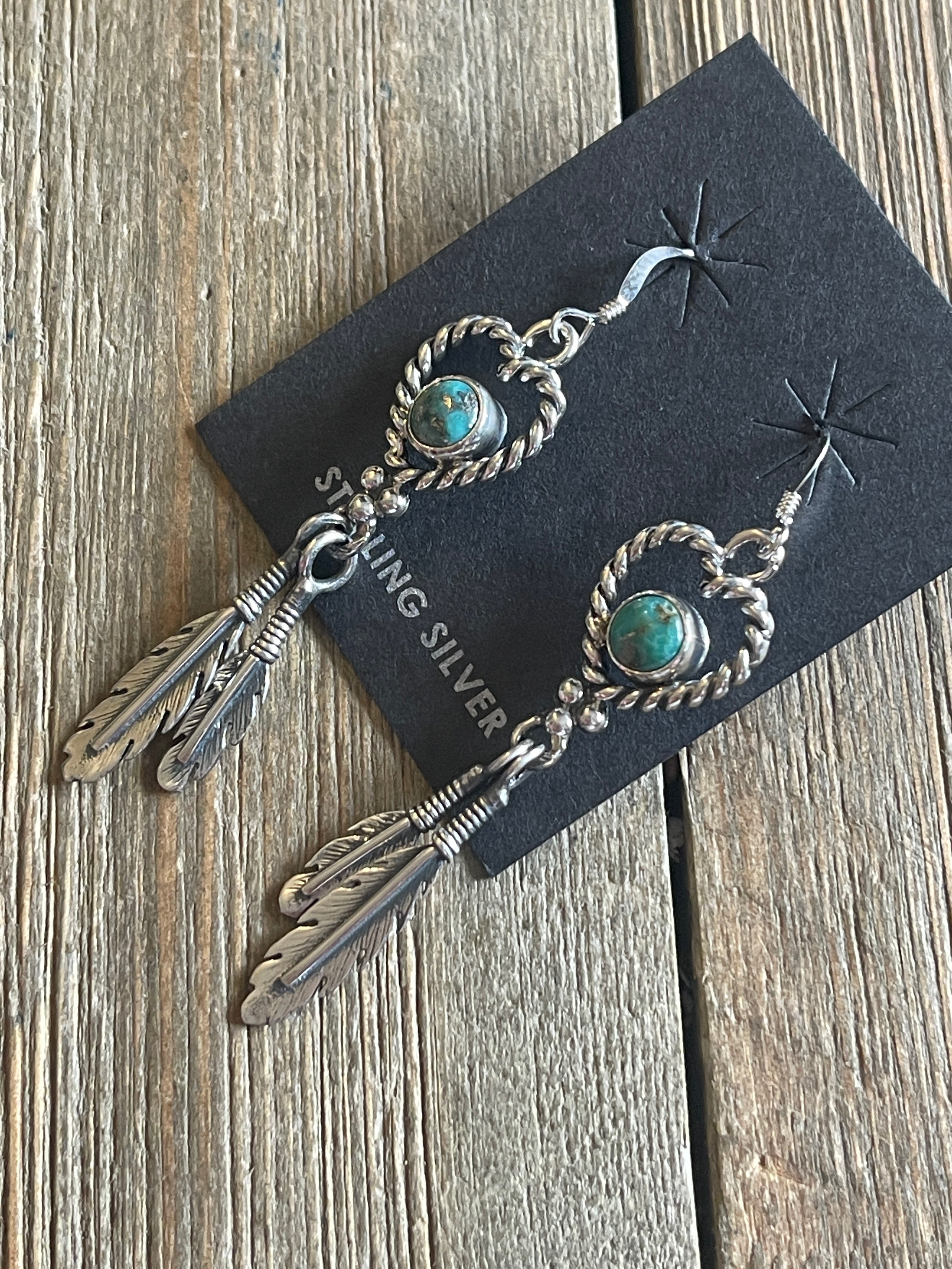 Navajo Kingman Turquoise & Sterling Silver Heart Feather Dangles