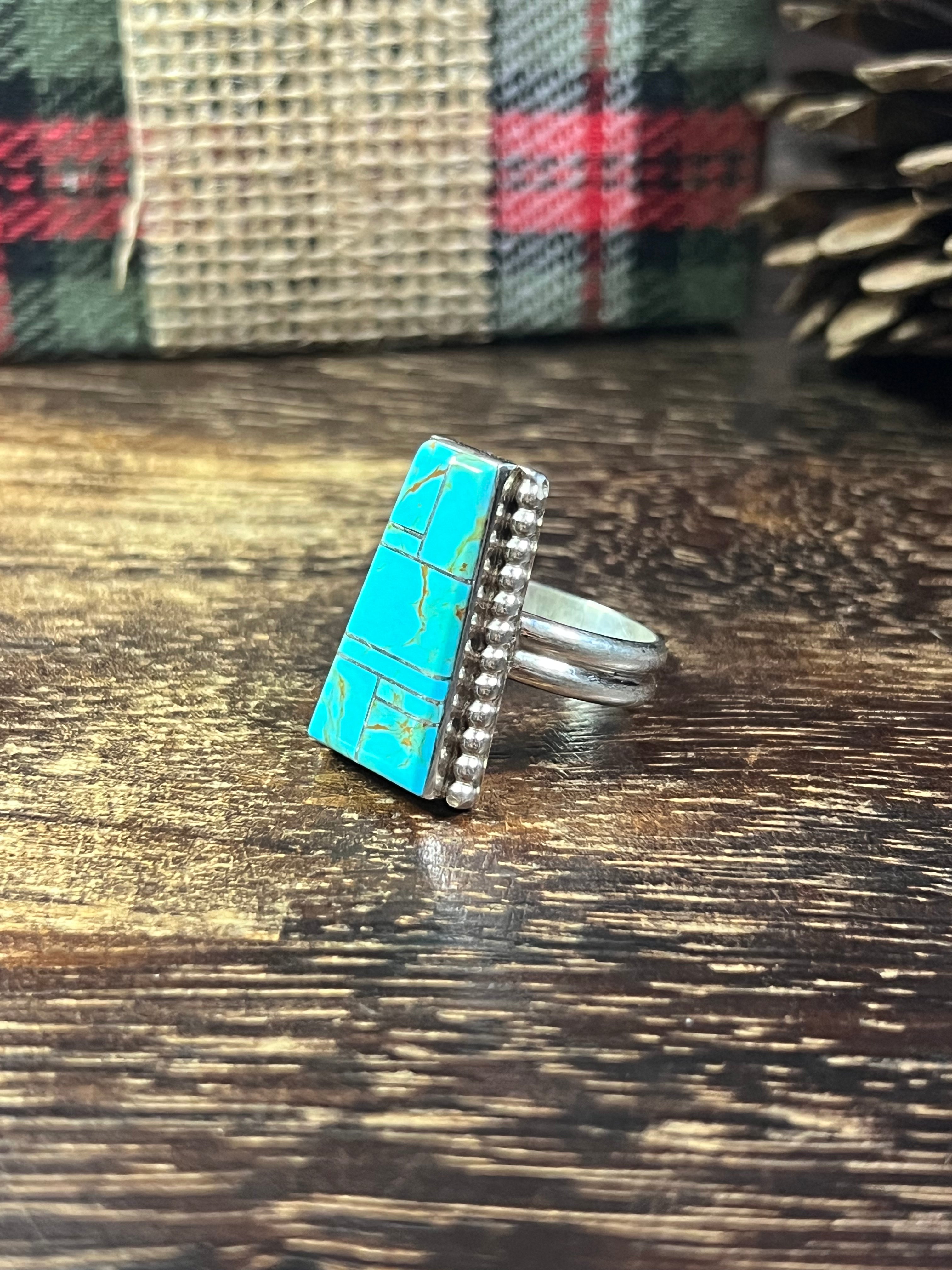 Wilbert Grey #8 Turquoise & Sterling Silver Inlay Ring Size 9