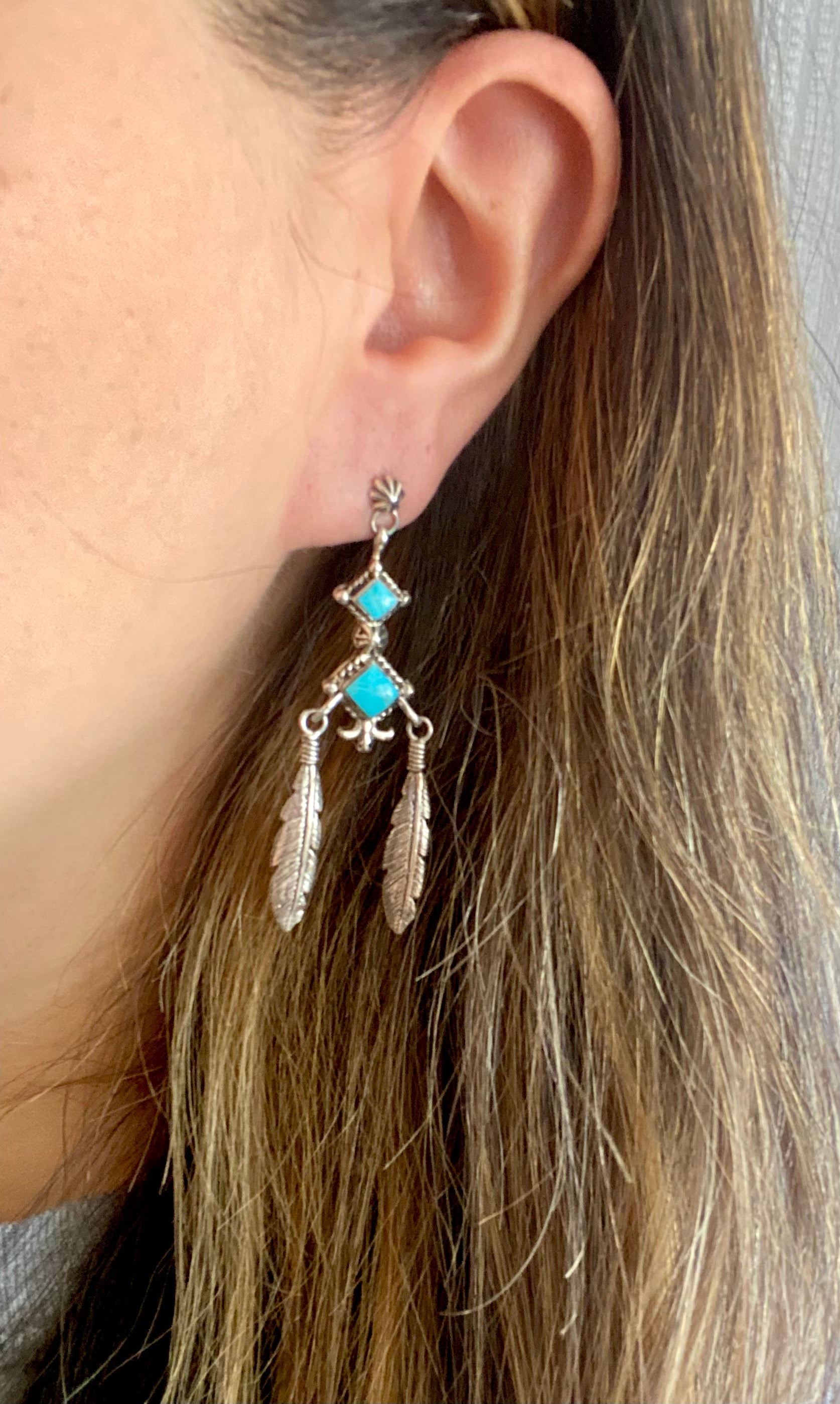 Irvin Tsosie Kingman Turquoise & Sterling Silver Feather Post Dangle Earrings