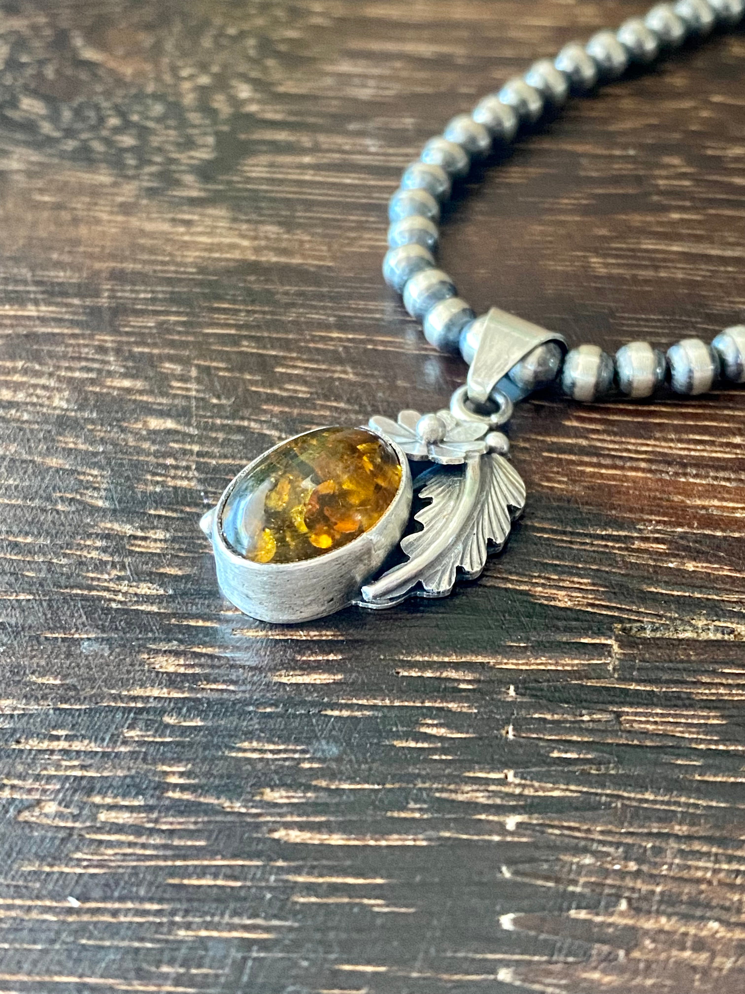 Navajo Made Amber & Sterling Silver Feather Pendant