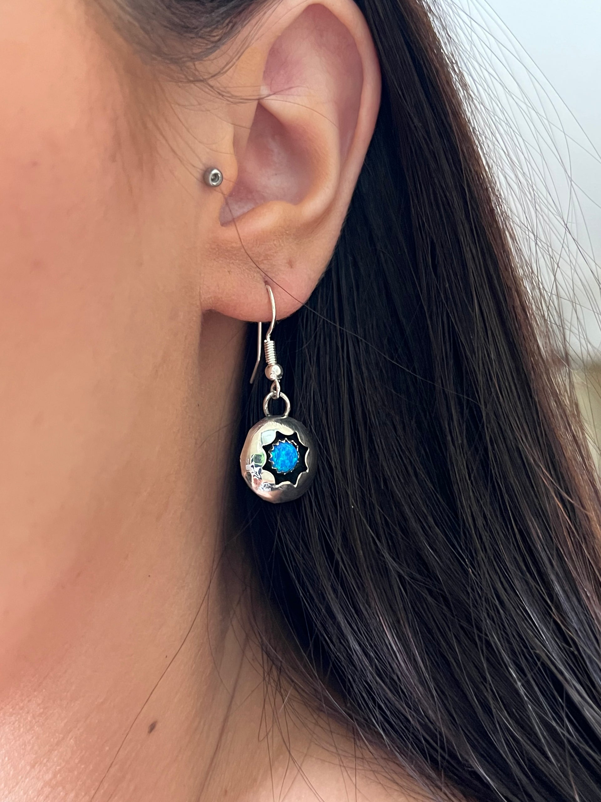 Navajo Made Blue Opal(Man-Made) & Sterling Silver Dangle Earrings