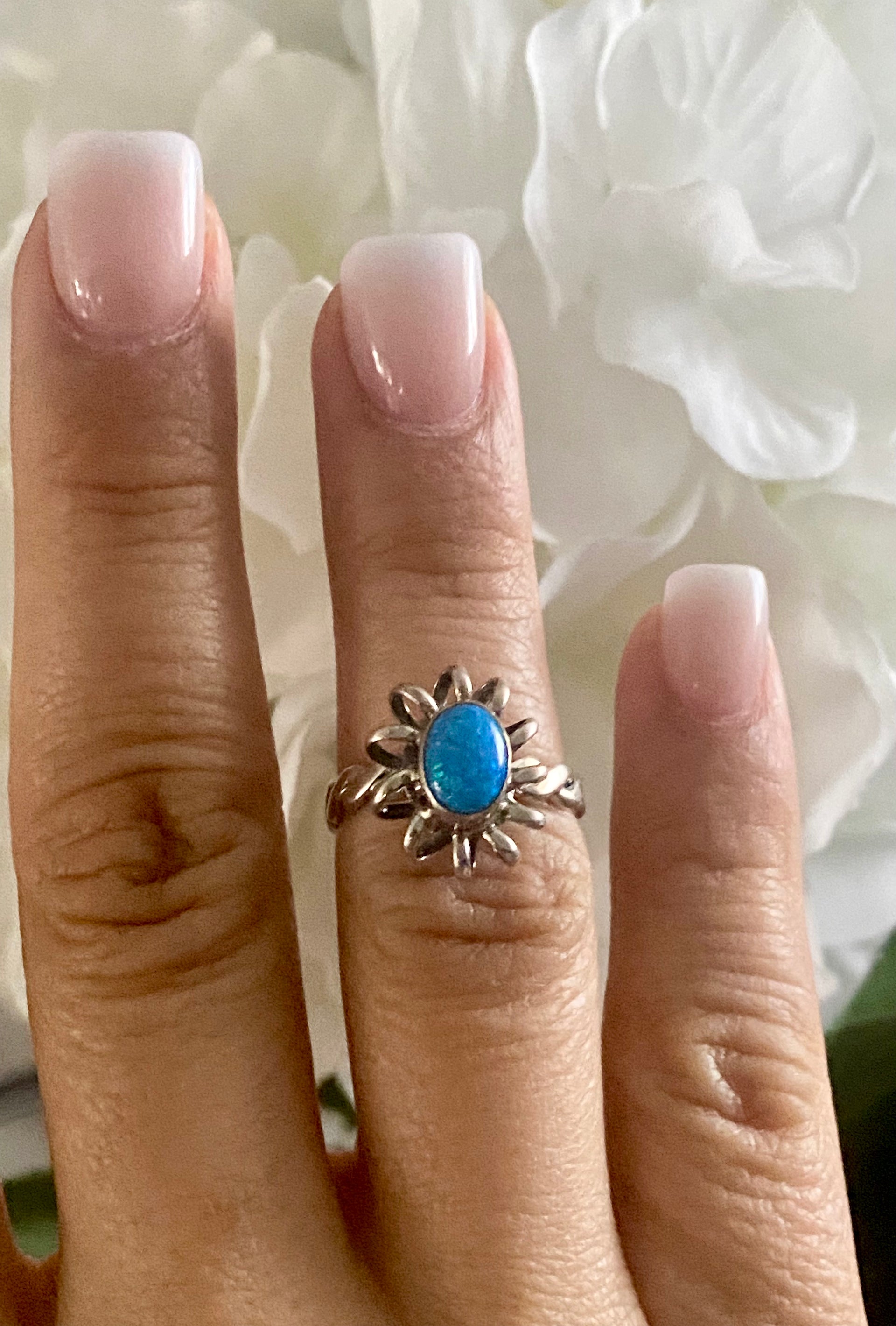 Navajo Made Blue Opal & Sterling Silver Ring Size 8.5