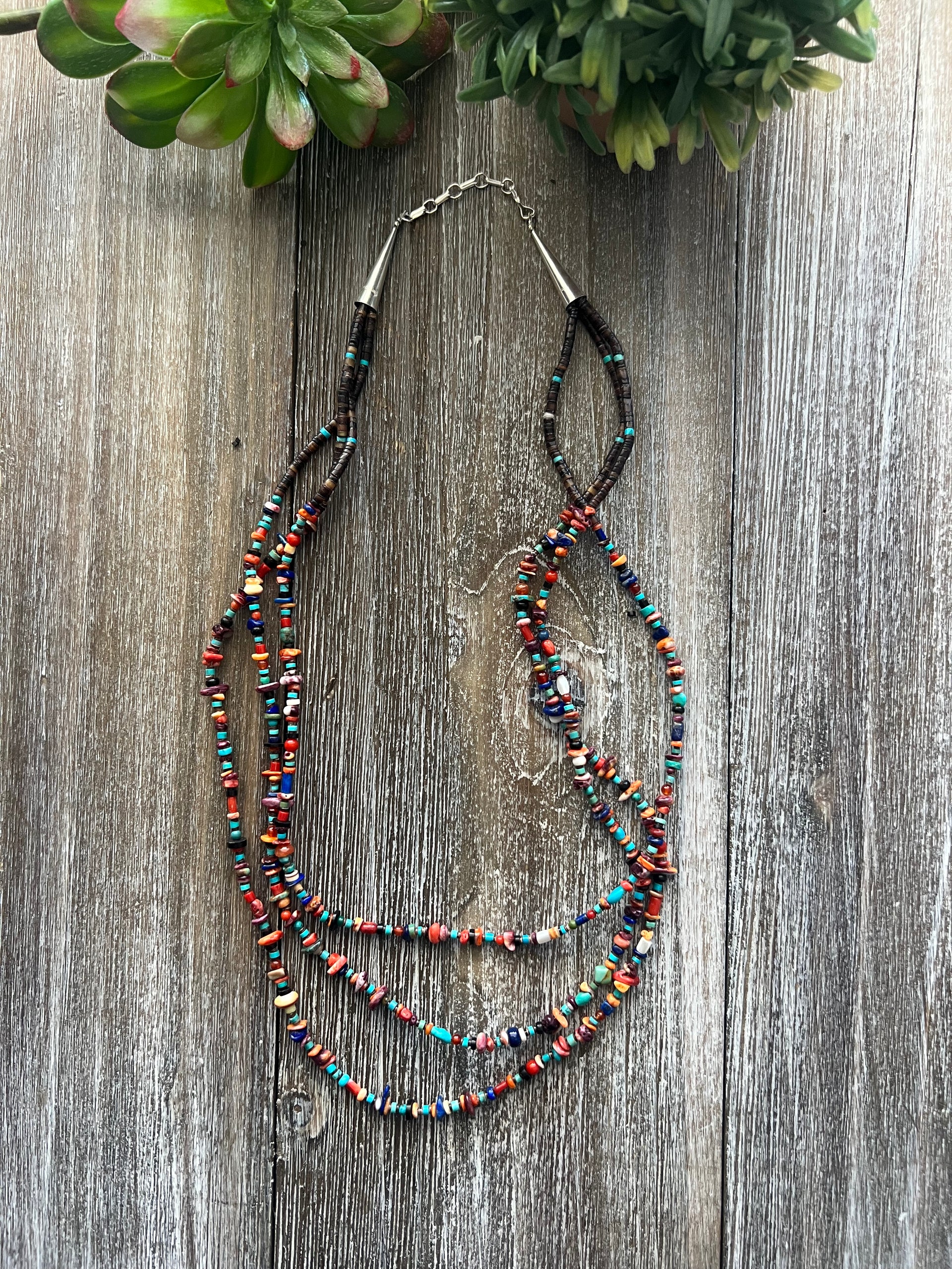 Navajo Multi Stone & Sterling Silver Beaded Three Strand Necklace