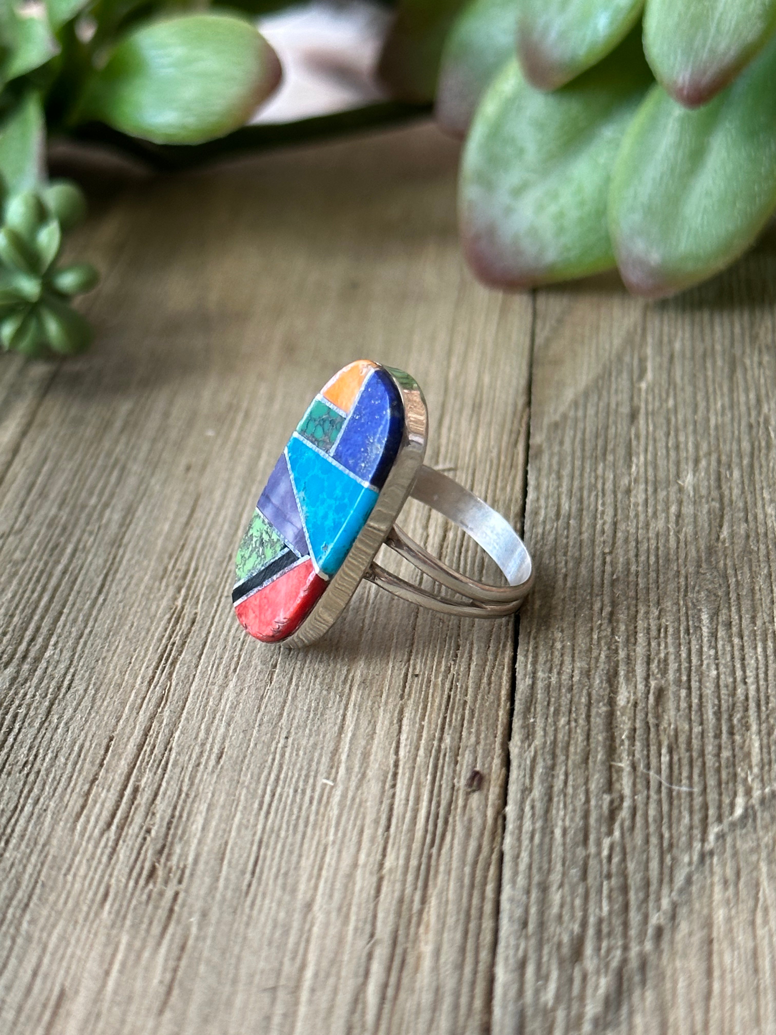 Navajo Made Multi Stone & Sterling Silver Inlay Ring Size 7.5