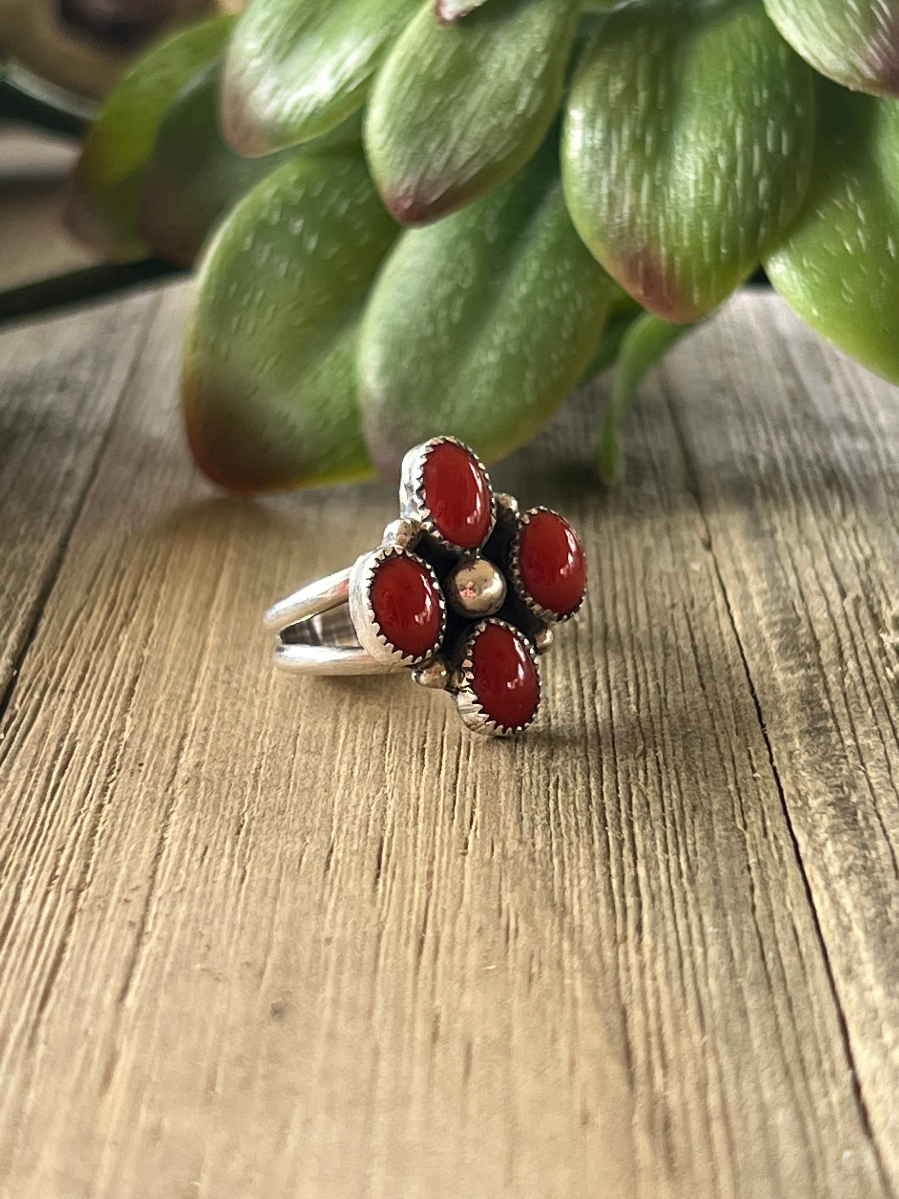 Navajo Made Mediterranean Coral & Sterling Silver Ring