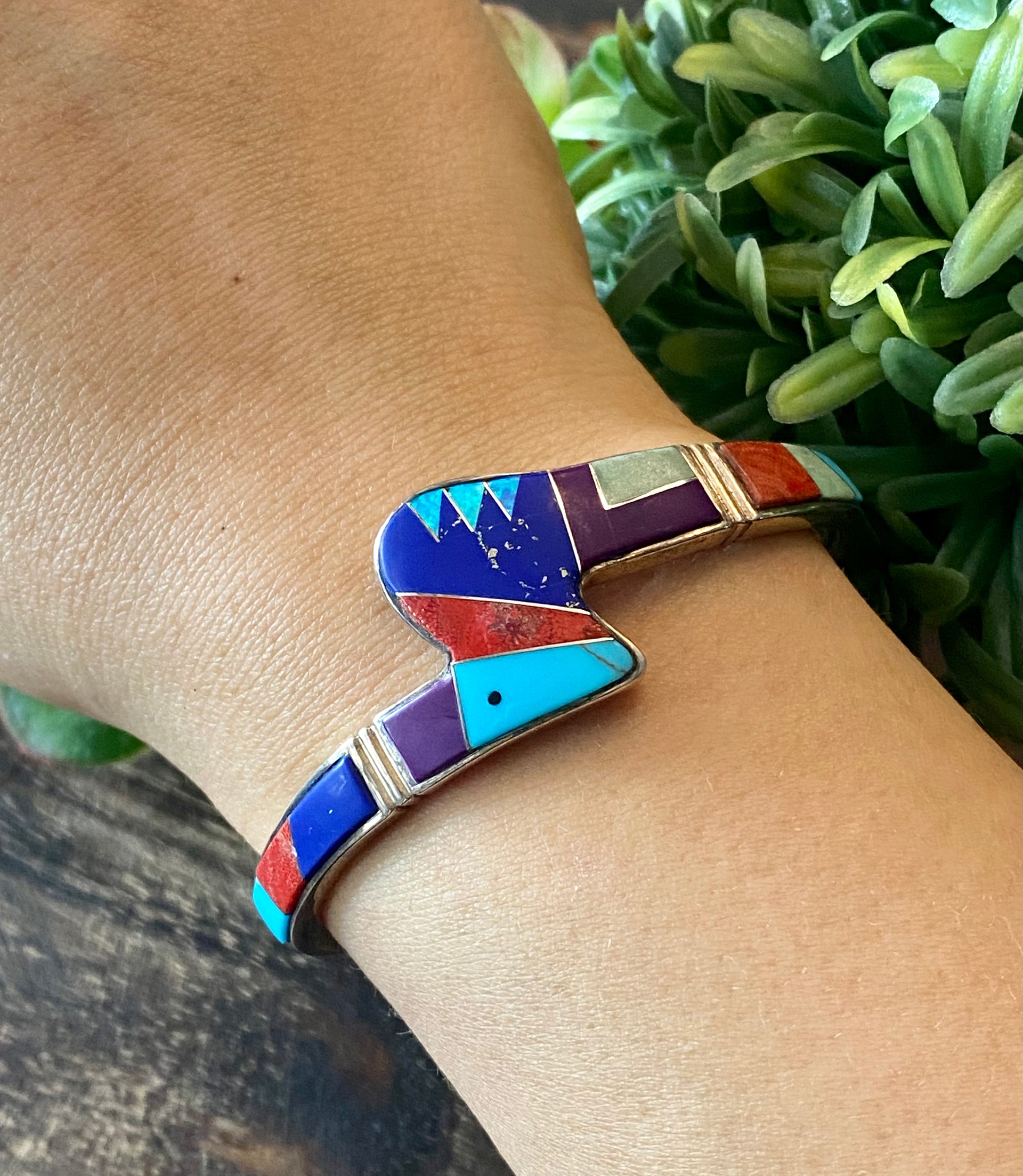 Navajo Made Multi Stone & Sterling Silver Inlay Cuff Bracelet