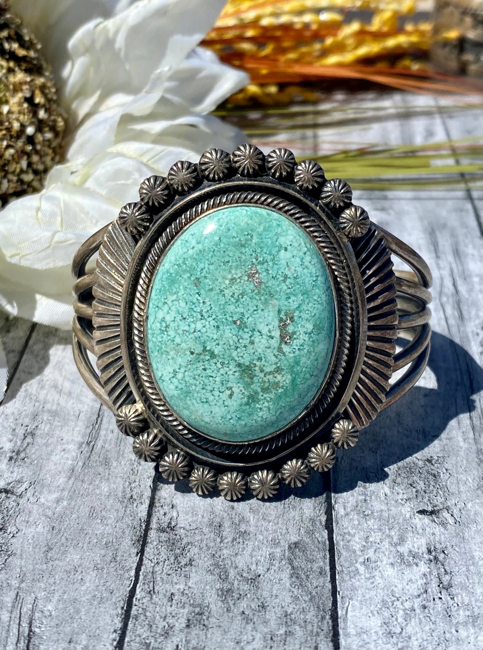 Leon M.T.Z. Navajo Made Carico Lake Turquoise & Sterling Silver Cuff Bracelet