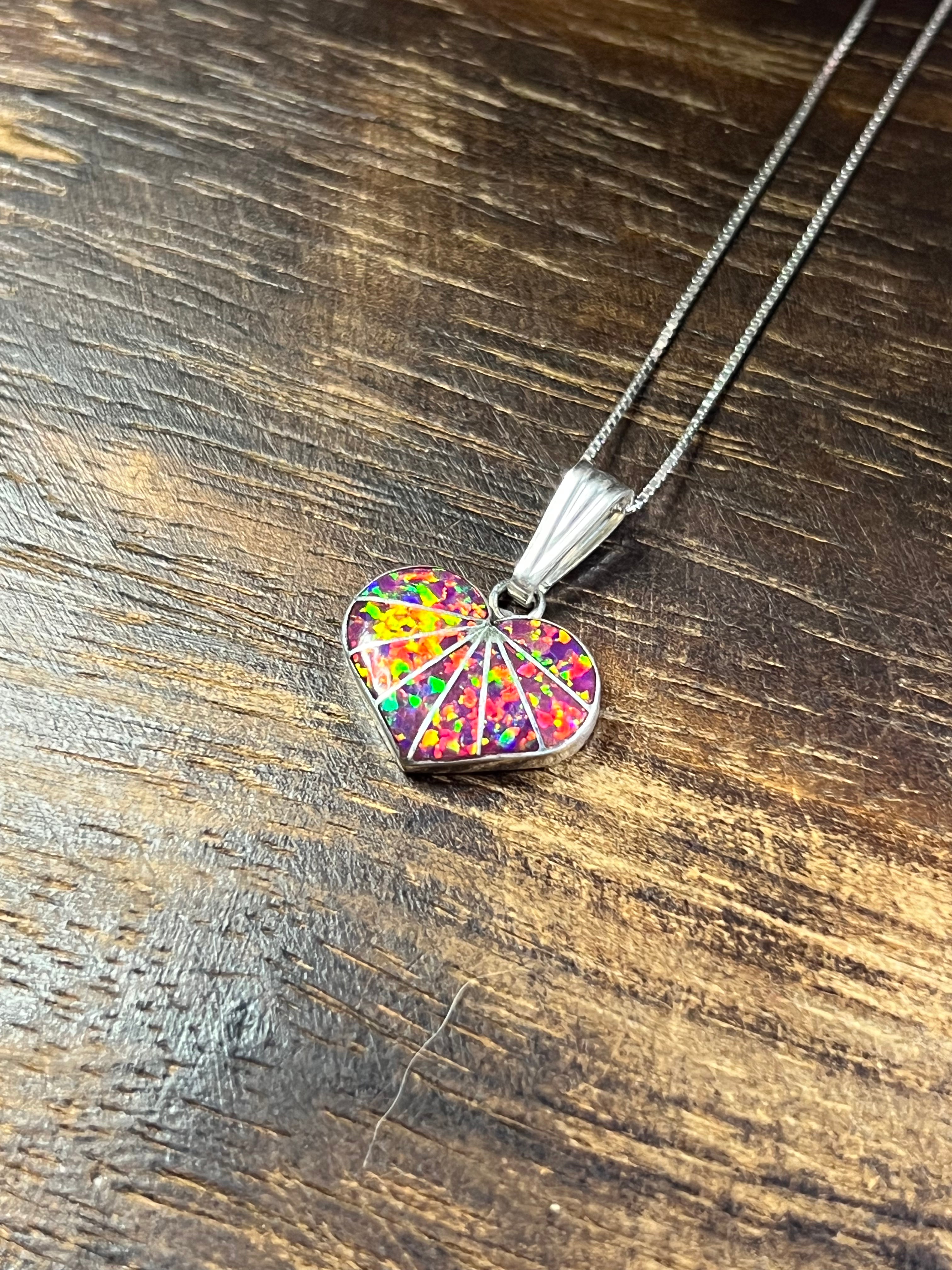 Zuni Made Purple Opal (Man Made) & Sterling Silver Heart Inlay Pendant