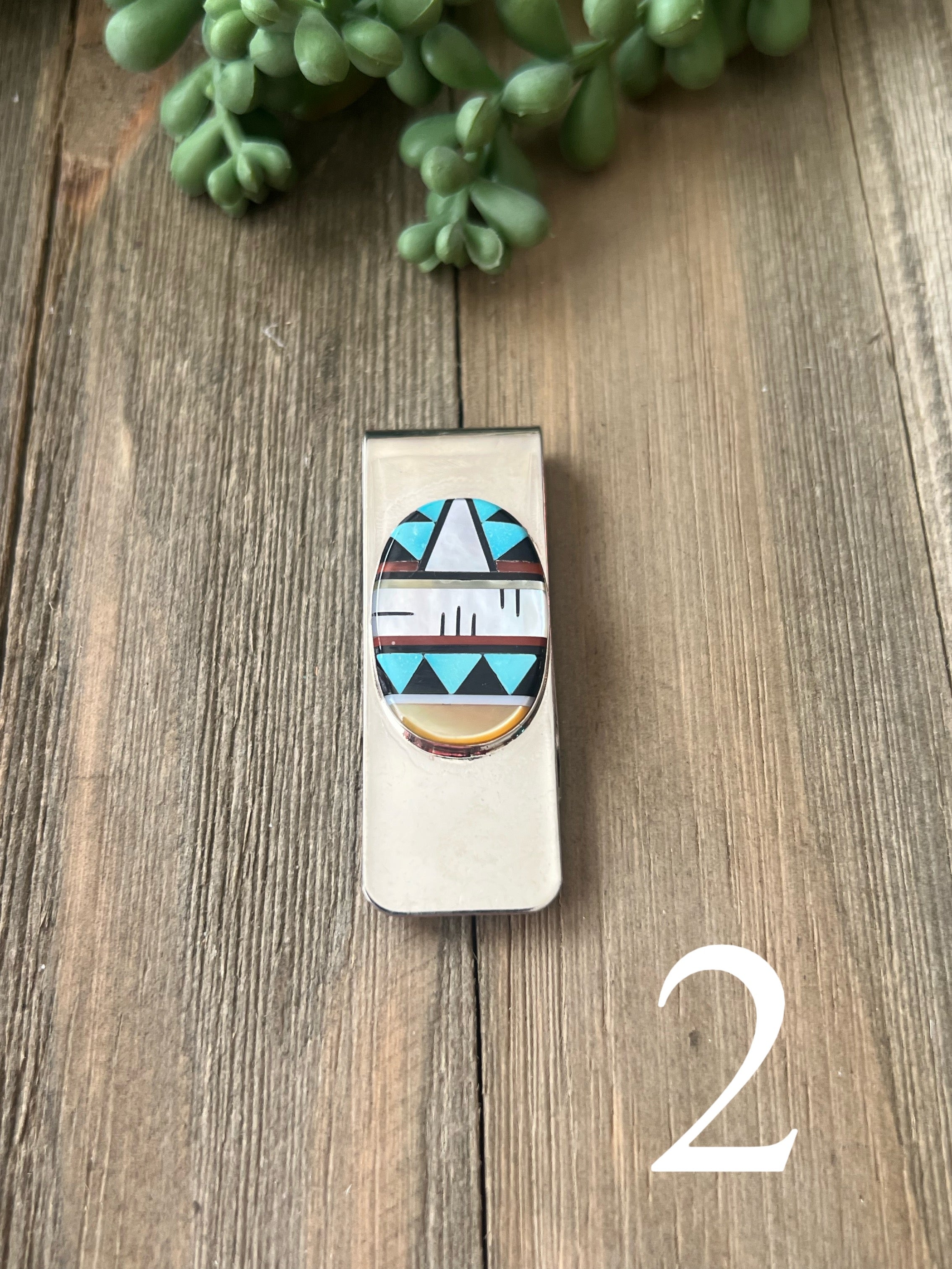 Zuni Made Multi Stone & Sterling Silver Inlay Money Clip