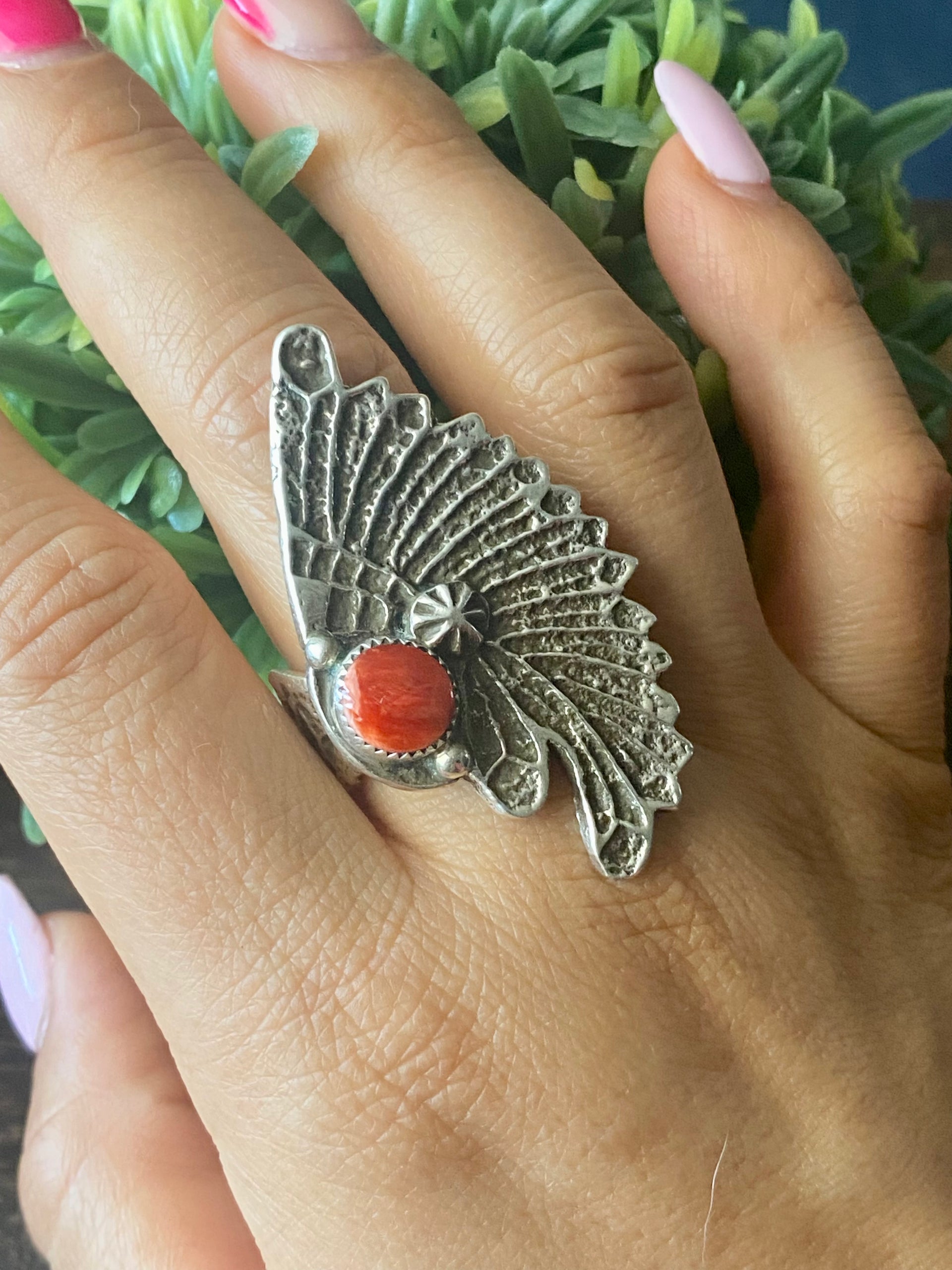 Delbert Arviso Spiny Oyster & Sterling Silver Chief Tufa Cast Adjustable Ring Size 11