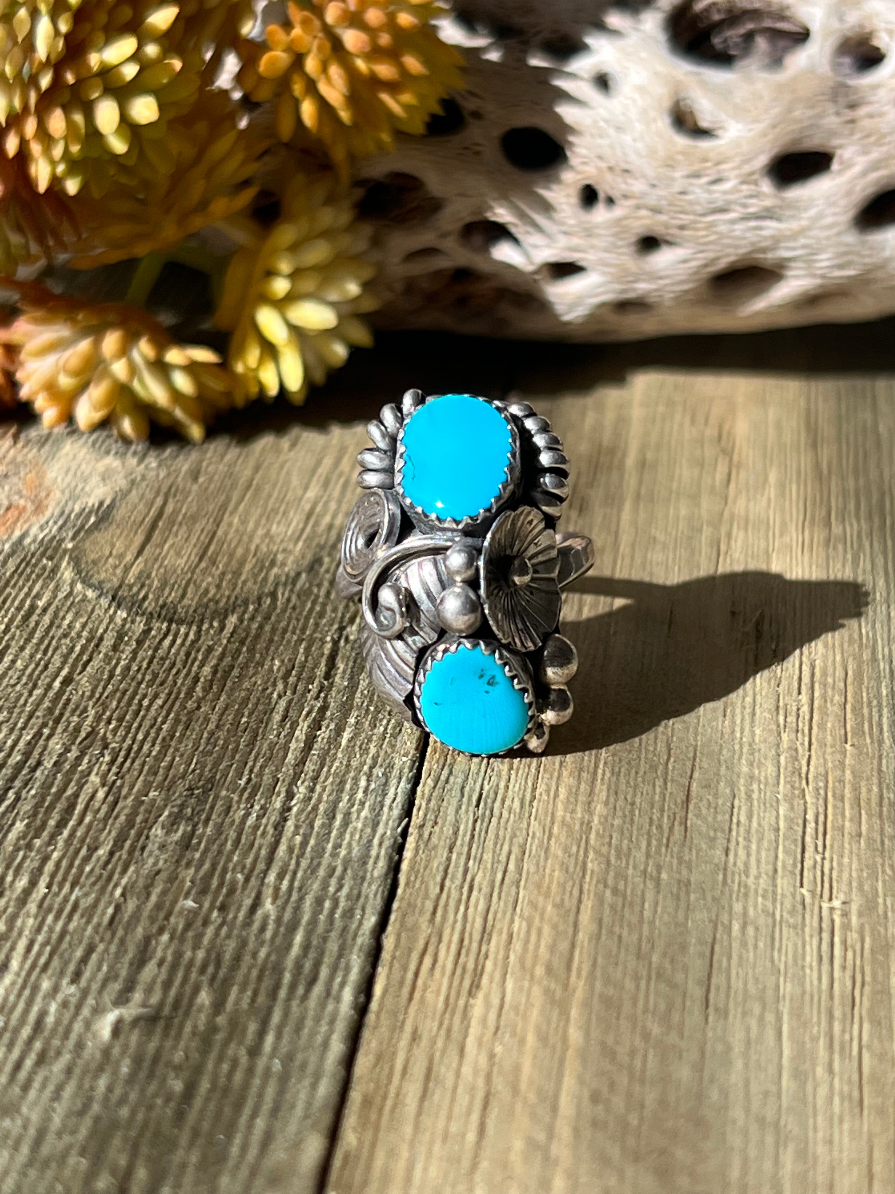 Navajo Made Kingman Turquoise & Sterling Silver Adjustable Ring