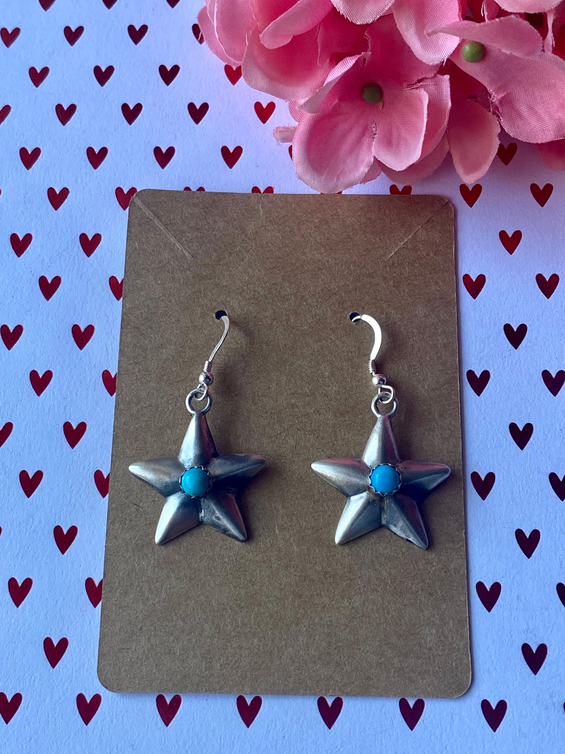 Navajo Made Kingman Turquoise & Sterling Silver Star Dangle Earrings