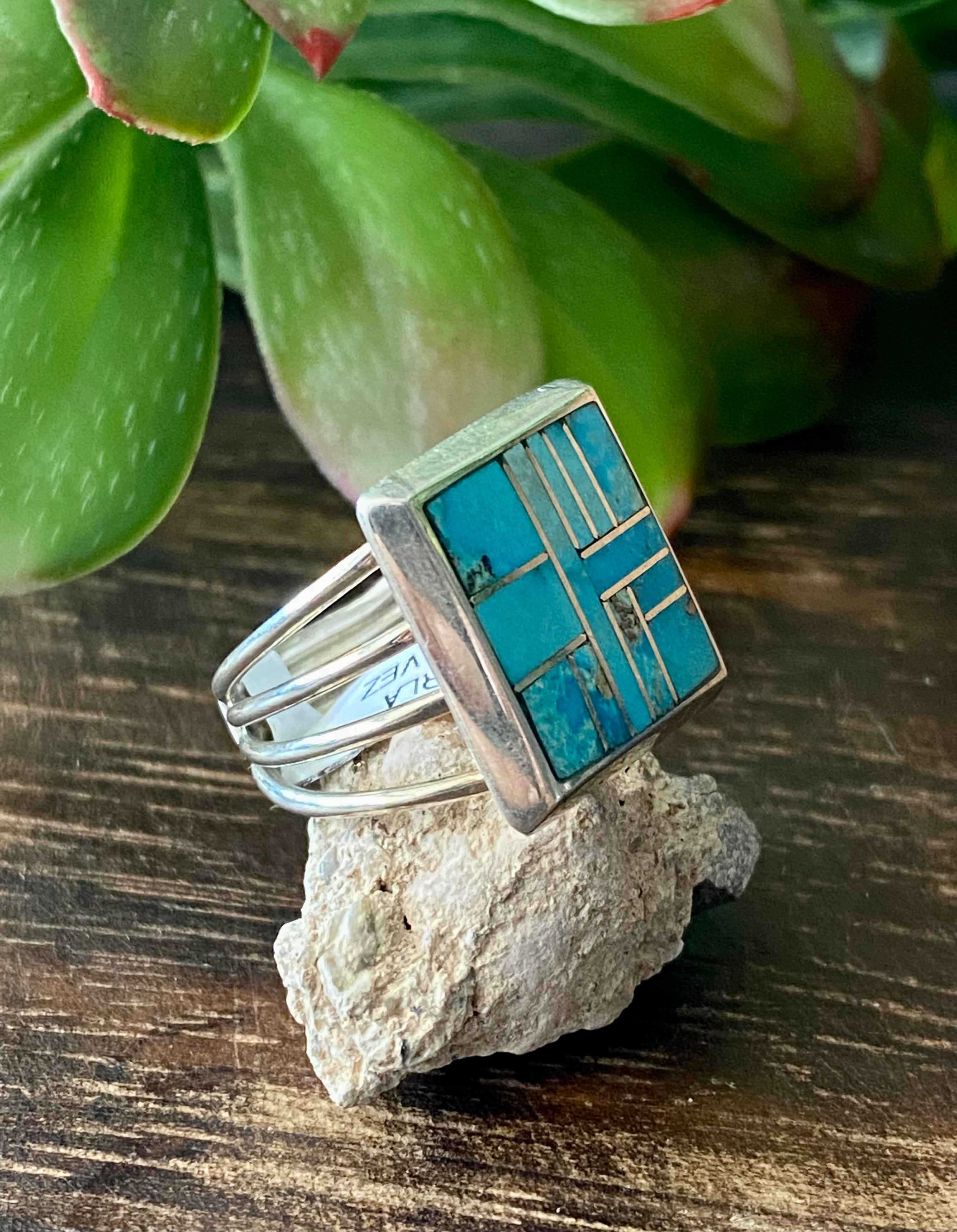 Karla Chavez Kingman Turquoise & Sterling Silver Inlay Ring Size 7.5