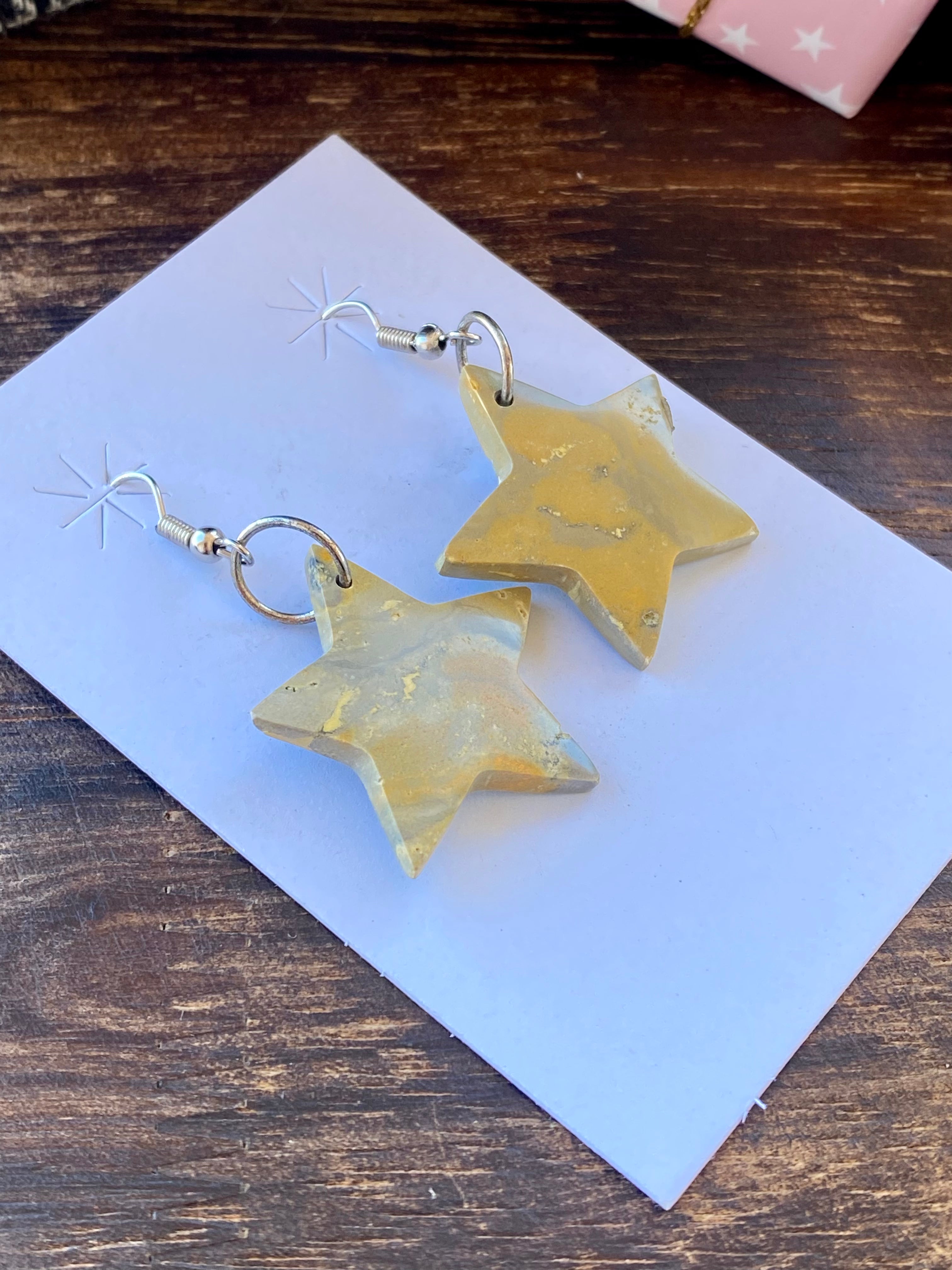 Southwest Handmade Bumblebee Jasper & Sterling Silver Star Dangle Earrings