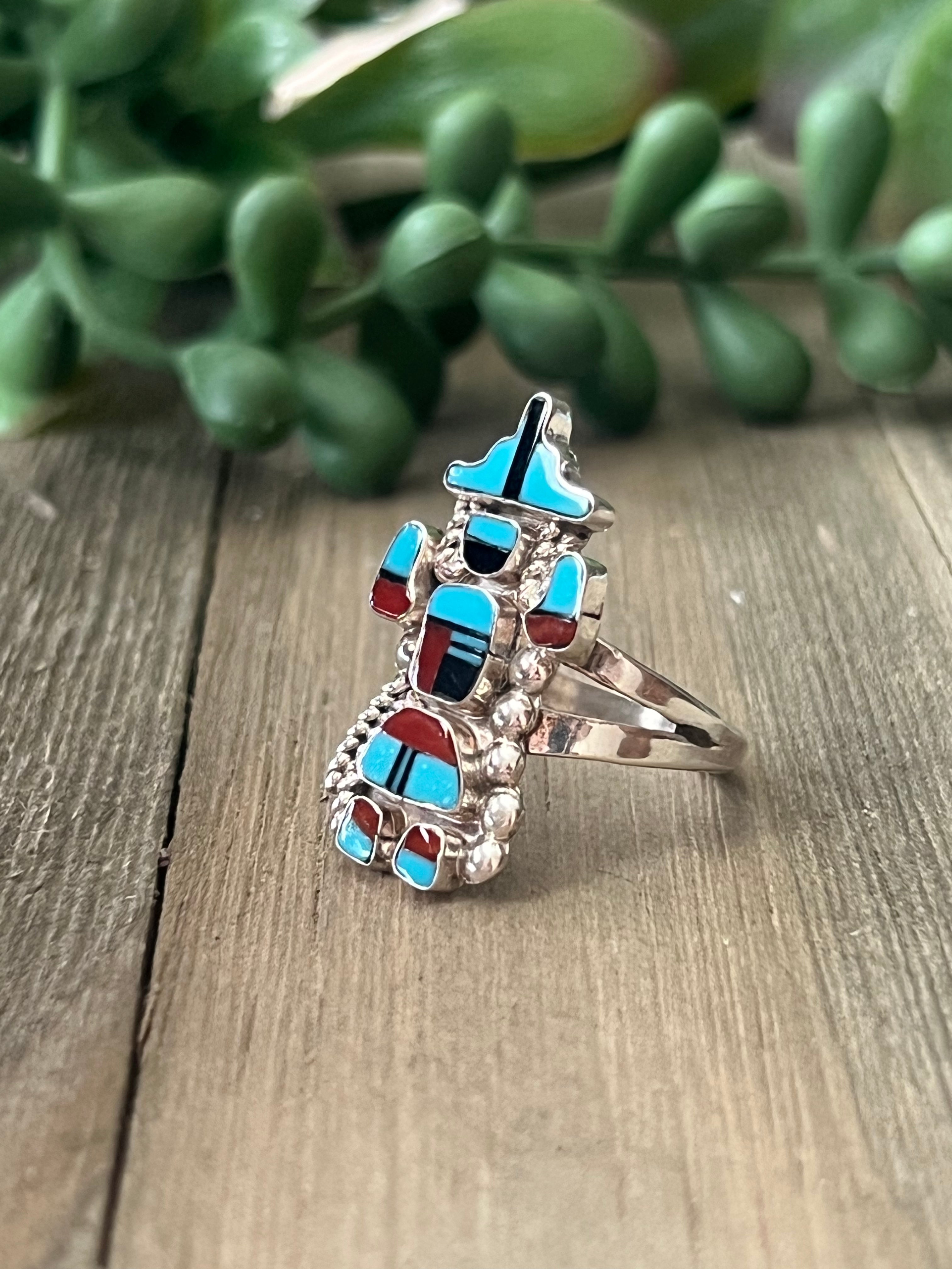 Zuni Made Multi Stone & Sterling Silver Inlay Ring