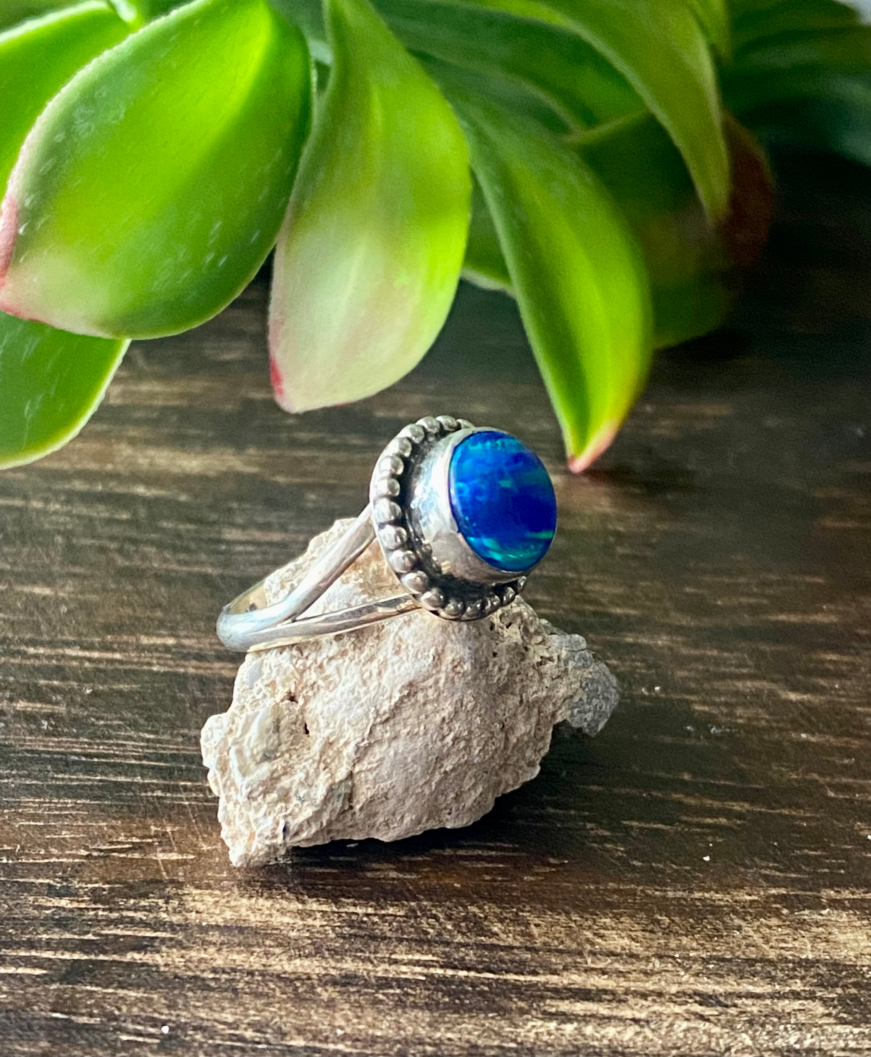 Navajo Made Blue Opal & Sterling Silver Ring Size 6.75