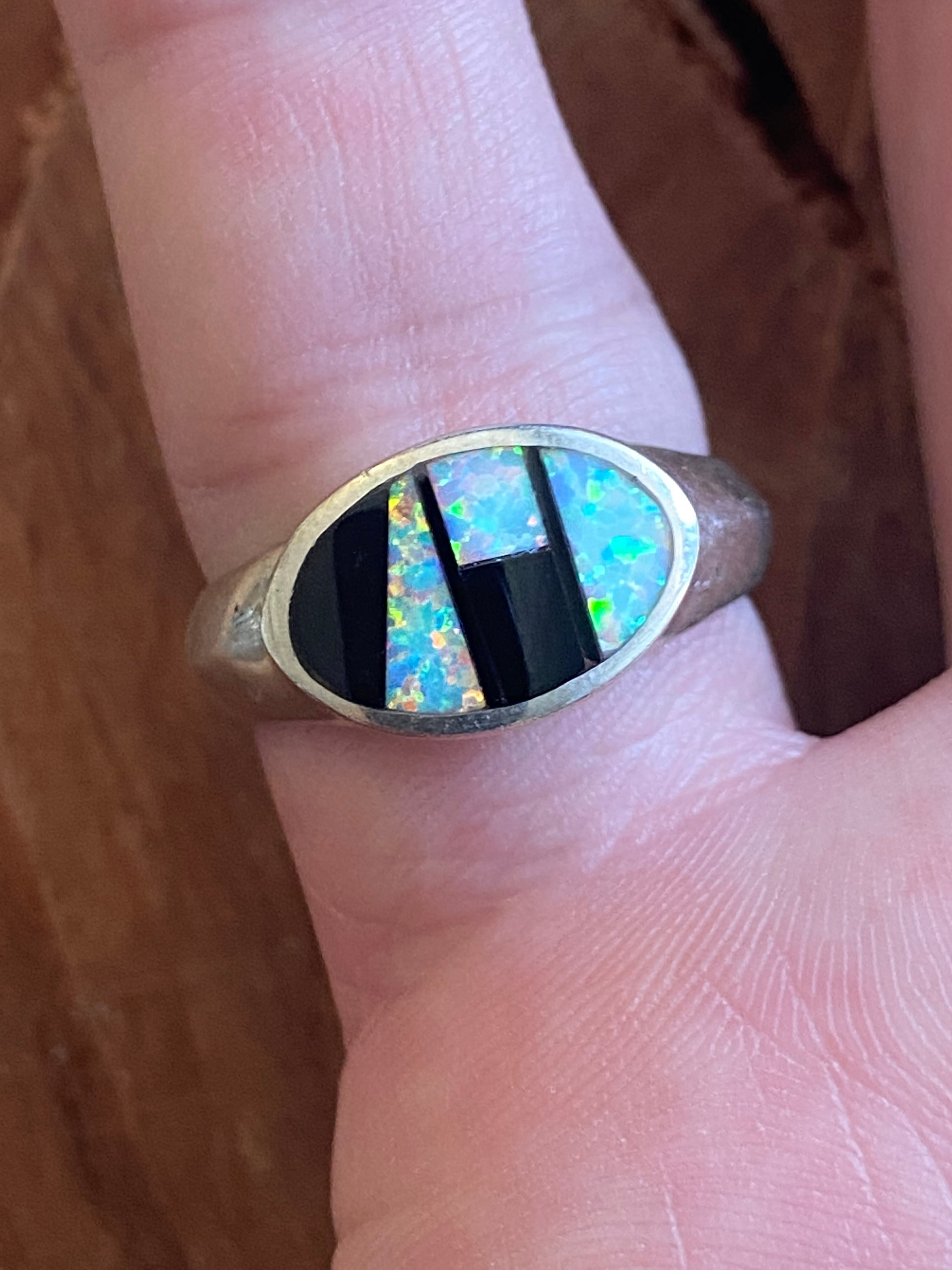 Navajo Opal & Onyx Sterling Silver Inlay Ring 5.25