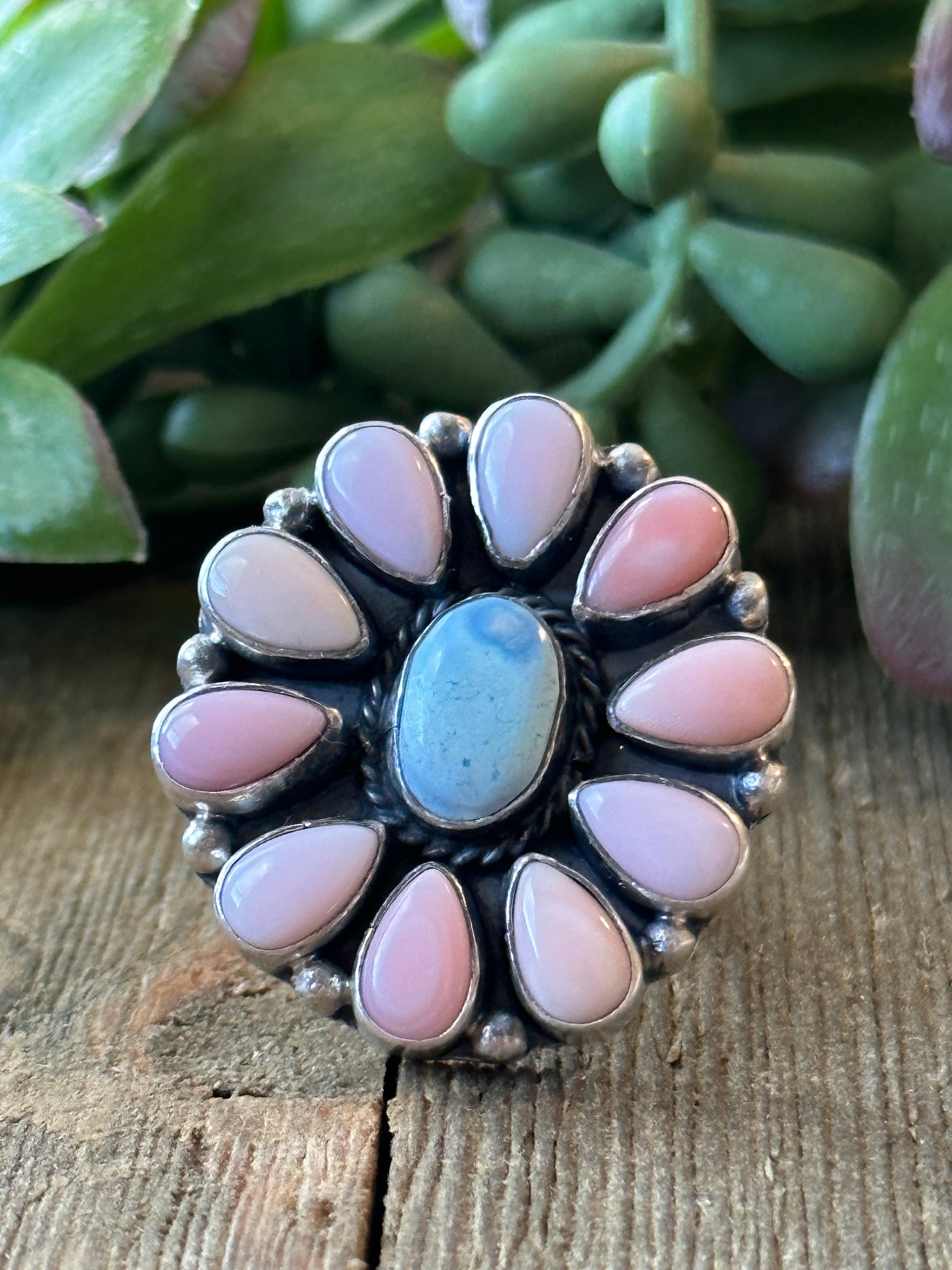 Navajo Made Golden Hill & Pink Conch & Sterling Silver Adjustable Cluster Ring