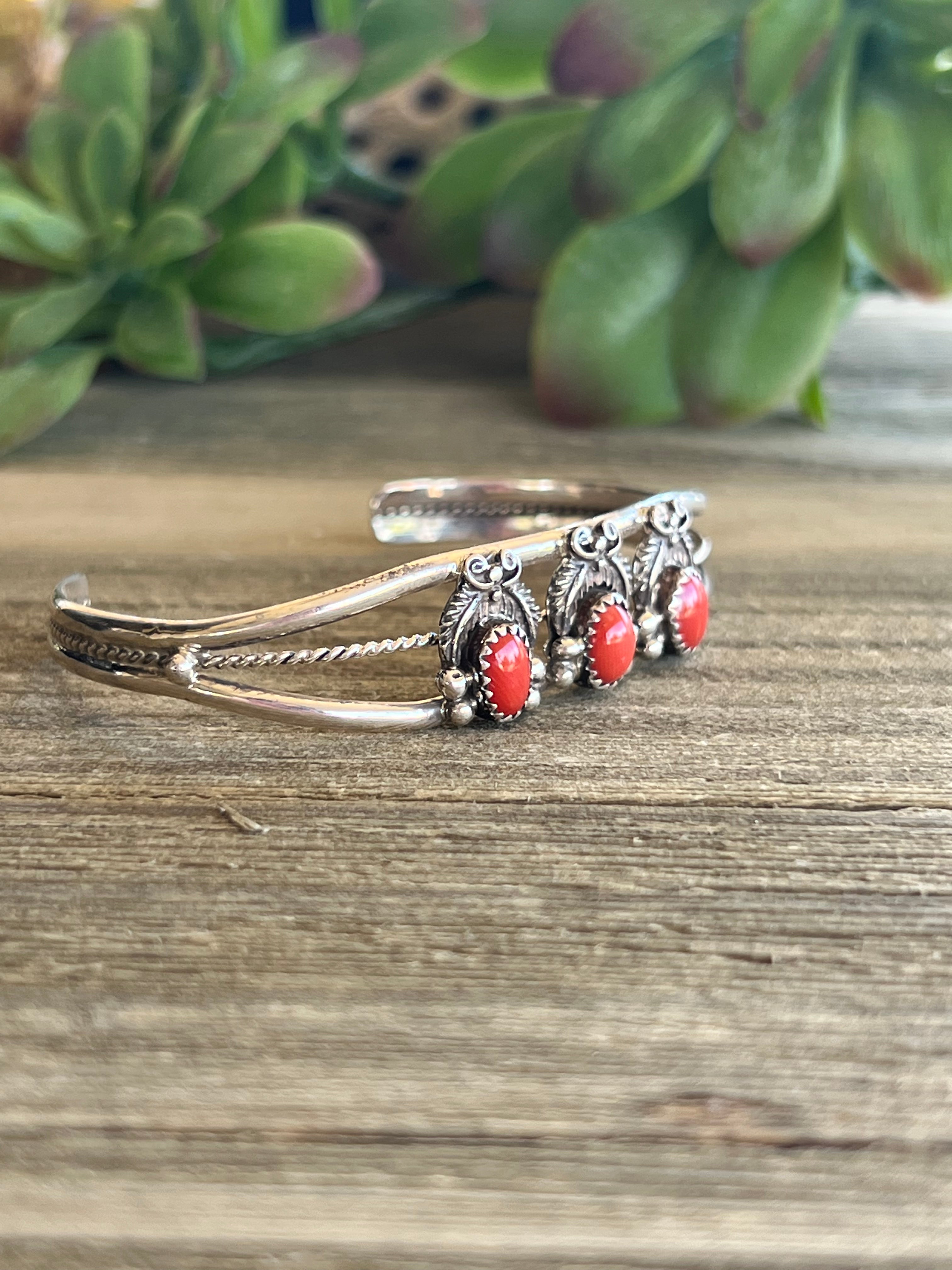 Jeff Shorty Red Coral & Sterling Silver Bracelet Cuff