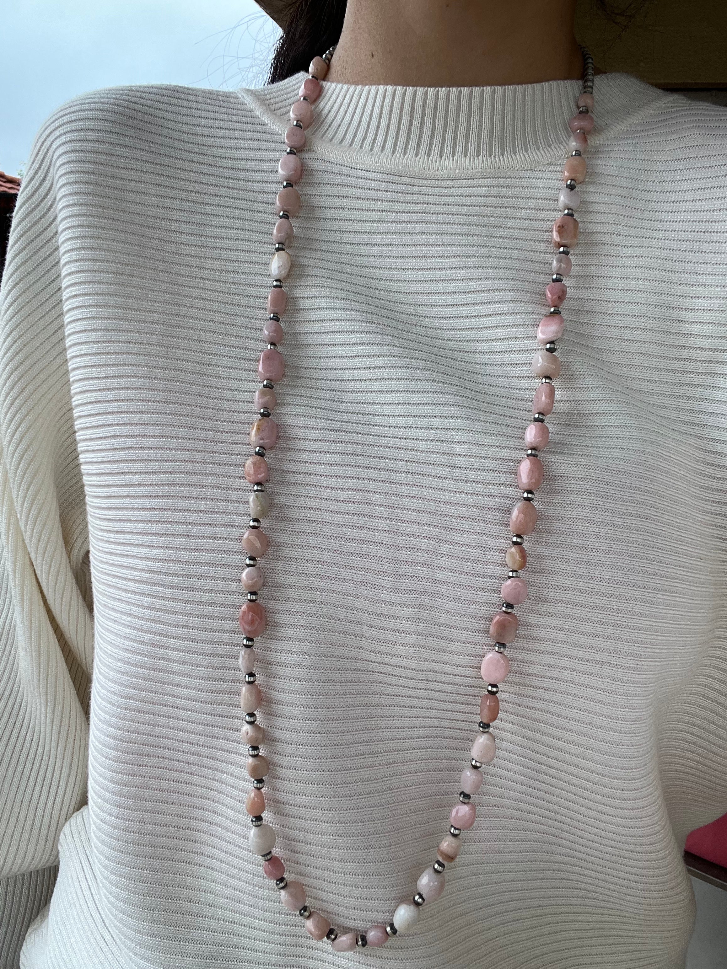 Navajo Made Pink Coral & Sterling Silver 4 MM 35 Inch Pearl Necklace