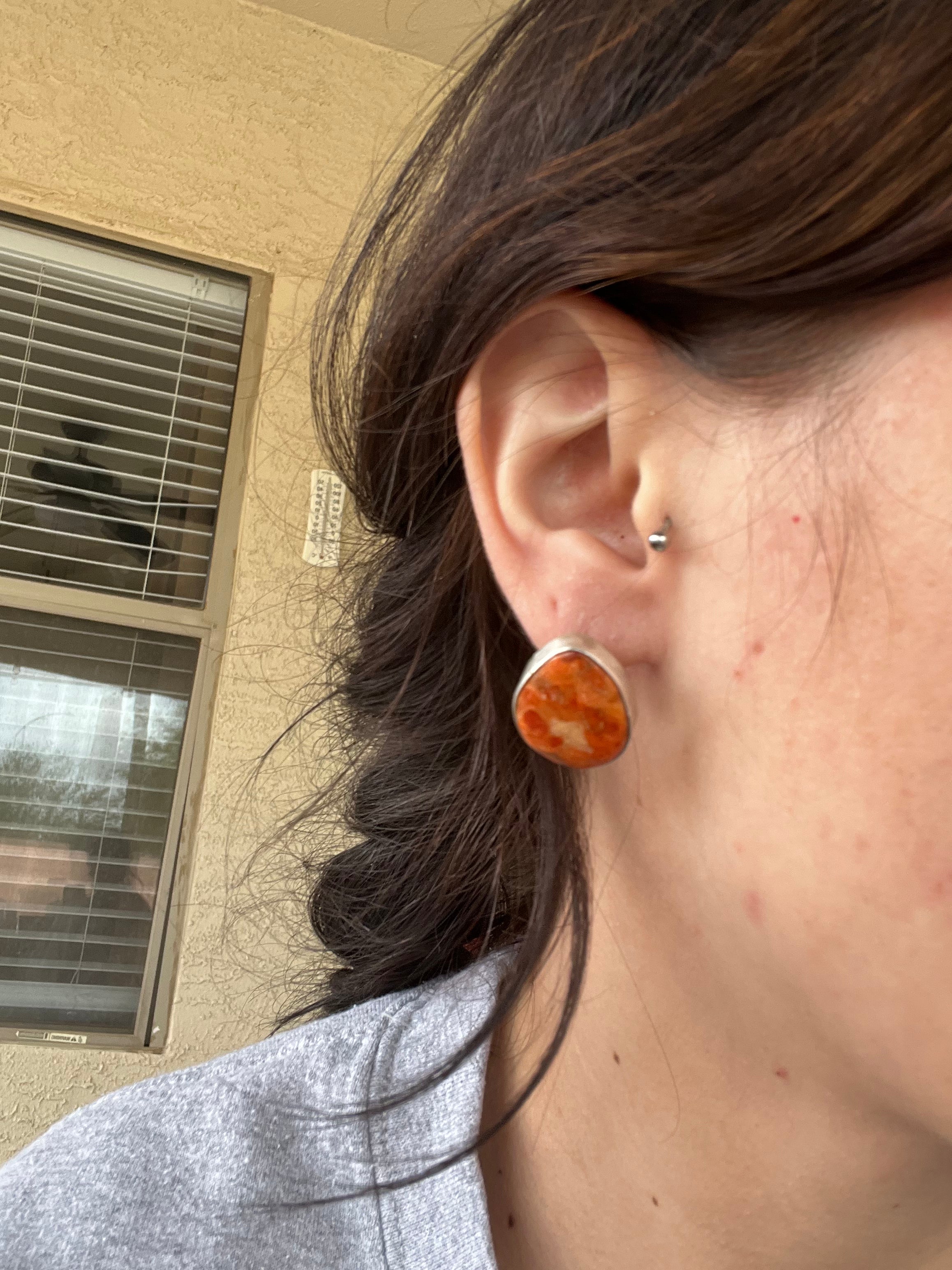 Navajo Made Apple Coral & Sterling Silver Post Earrings