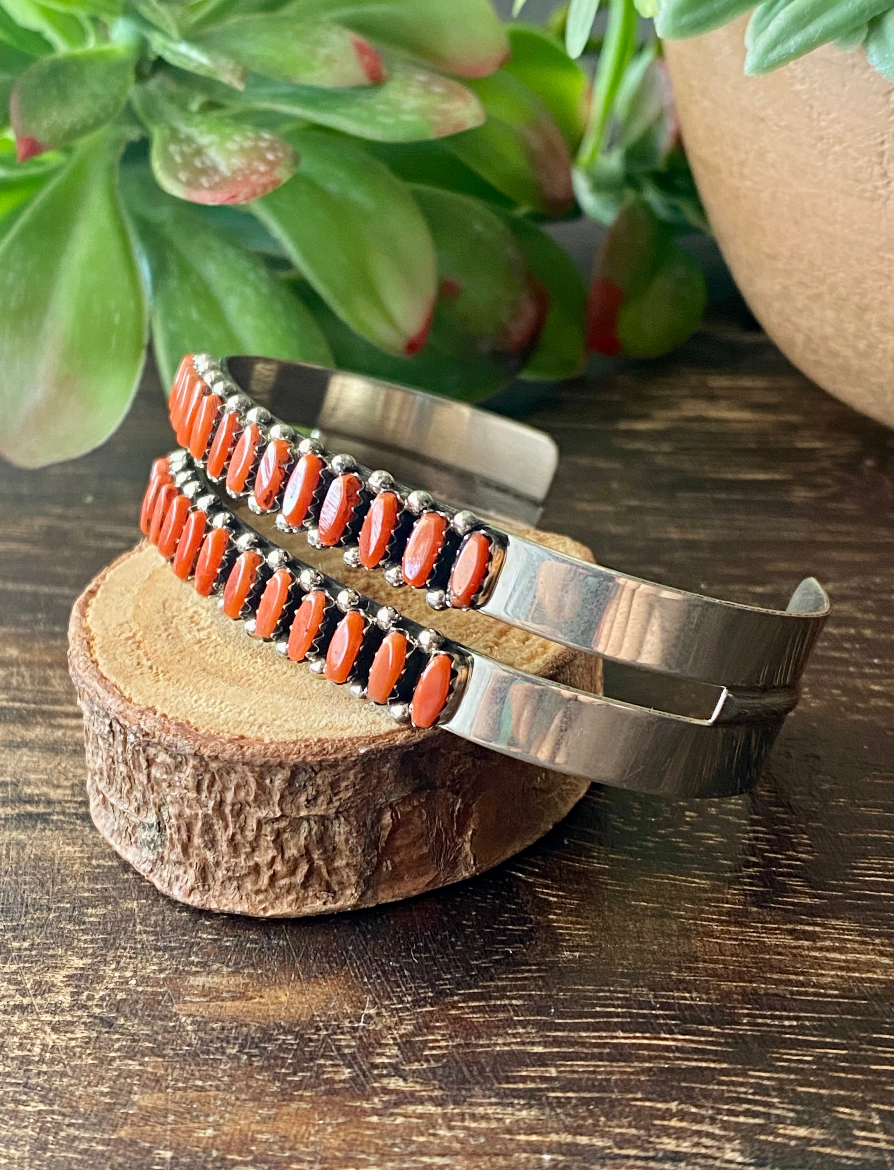 Zuni Made Coral & Sterling Silver Needlepoint Cuff Bracelet