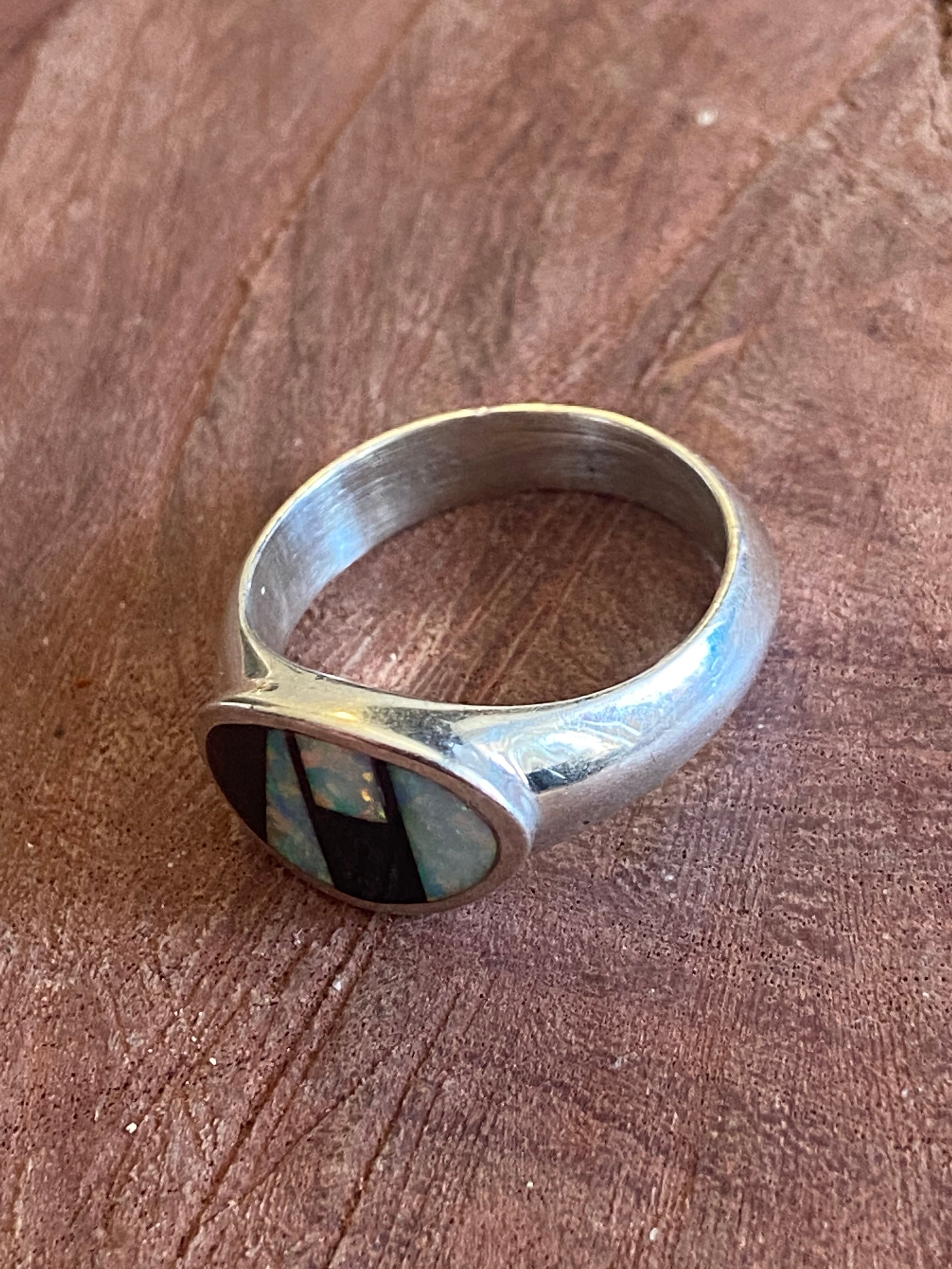 Navajo Opal & Onyx Sterling Silver Inlay Ring 5.25