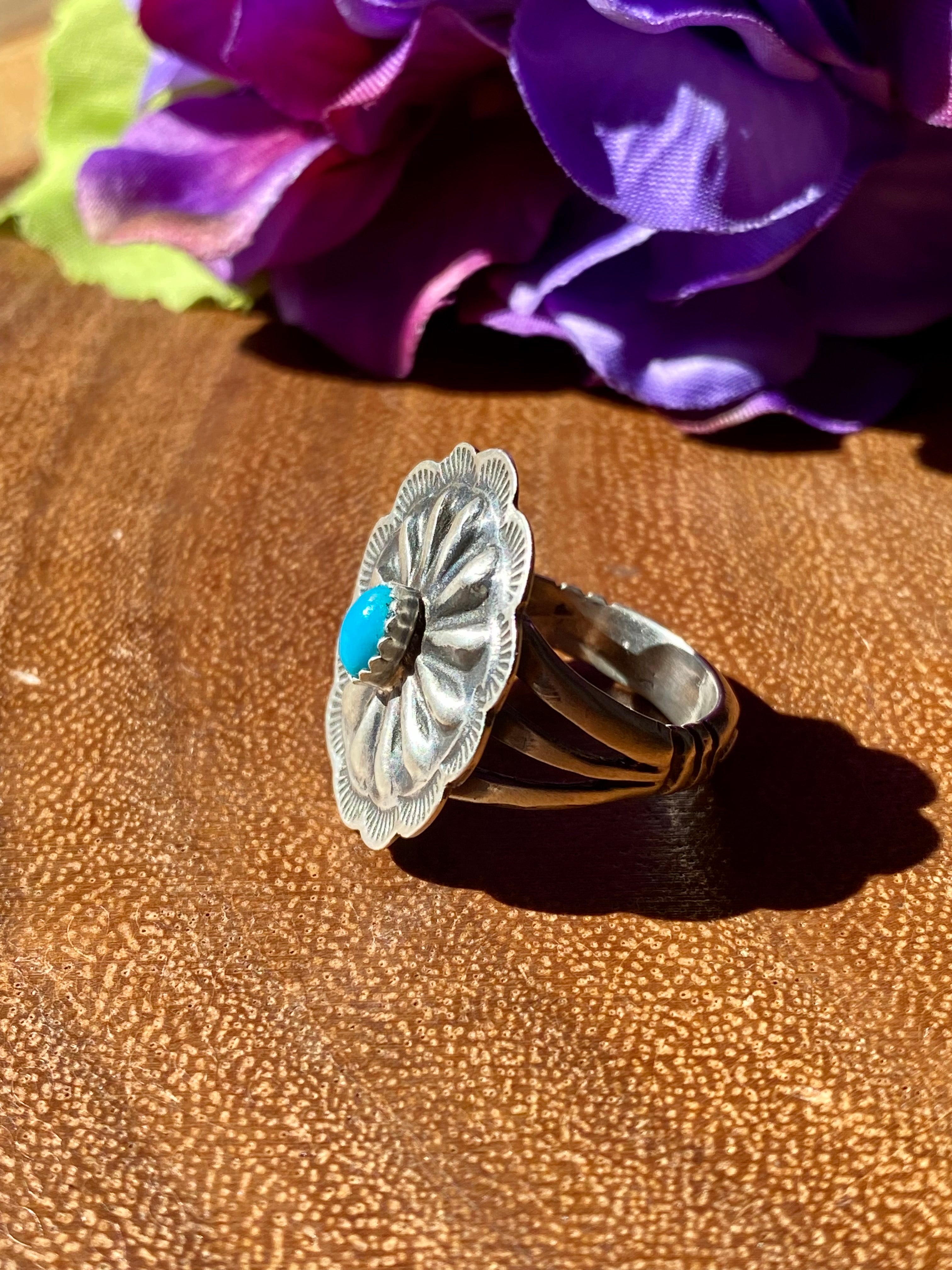 Navajo Made Turquoise & Sterling Silver Concho Ring Size 6.75