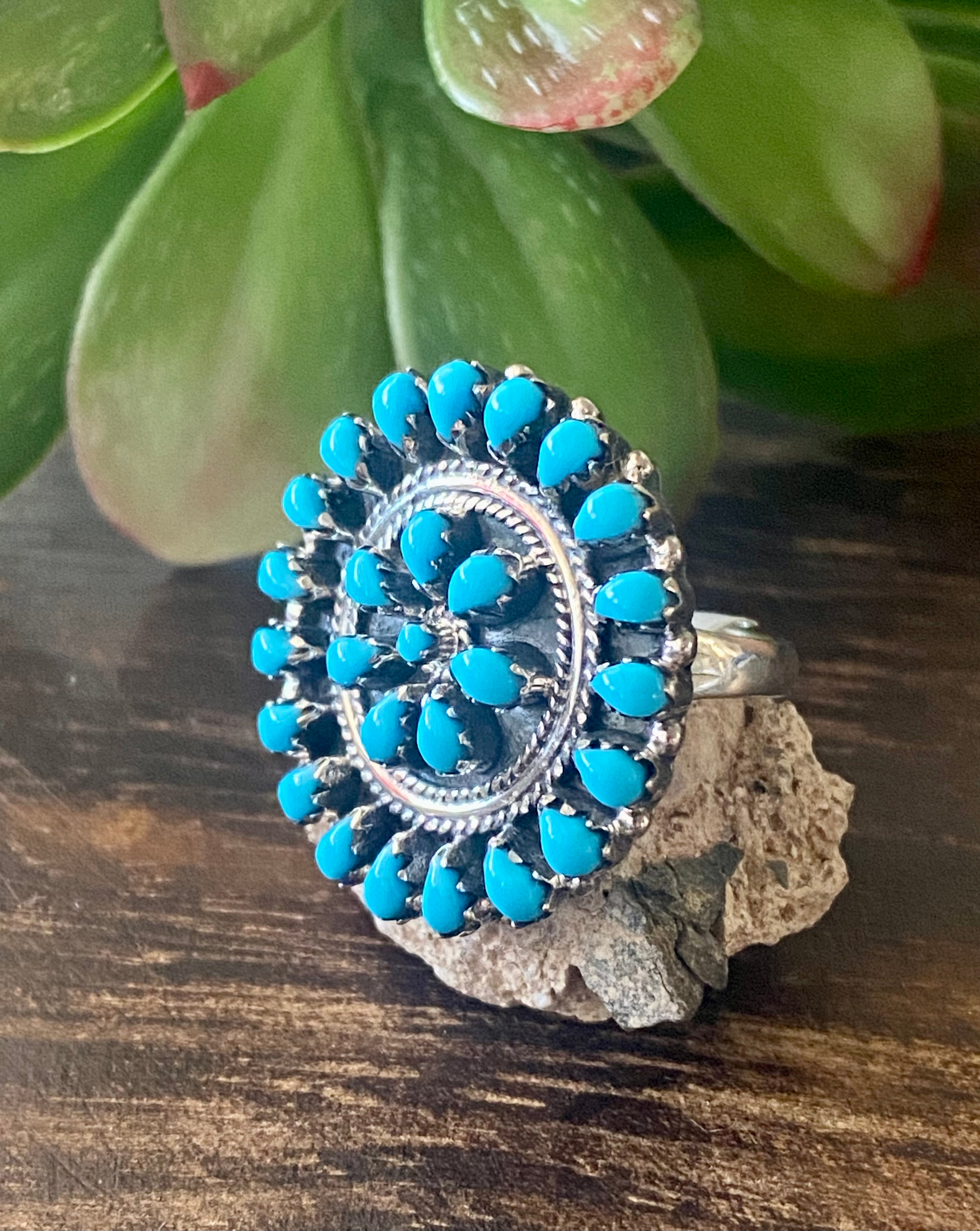 Southwest Handmade Sleeping Beauty Turquoise & Sterling Silver Cluster Ring Size 8.75