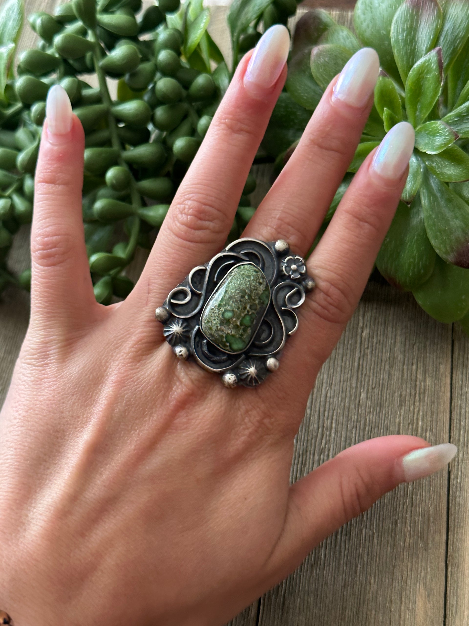 Navajo Made Sonoran Gold Turquoise & Sterling Silver Ring Size 9.