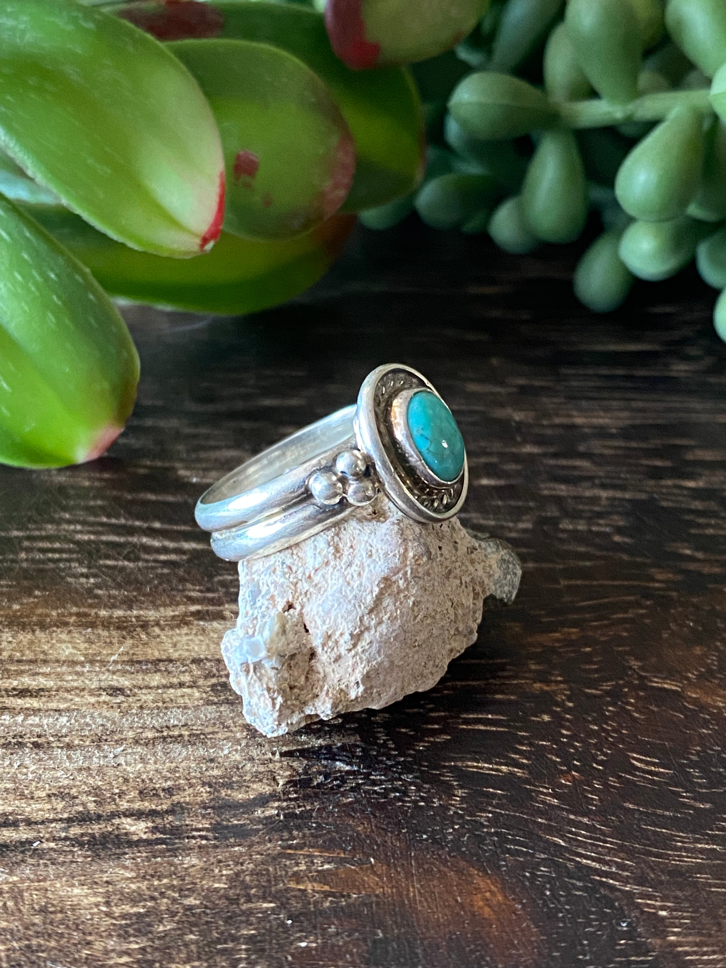 Navajo Made Kingman Turquoise & Sterling Silver Ring Size 6.75