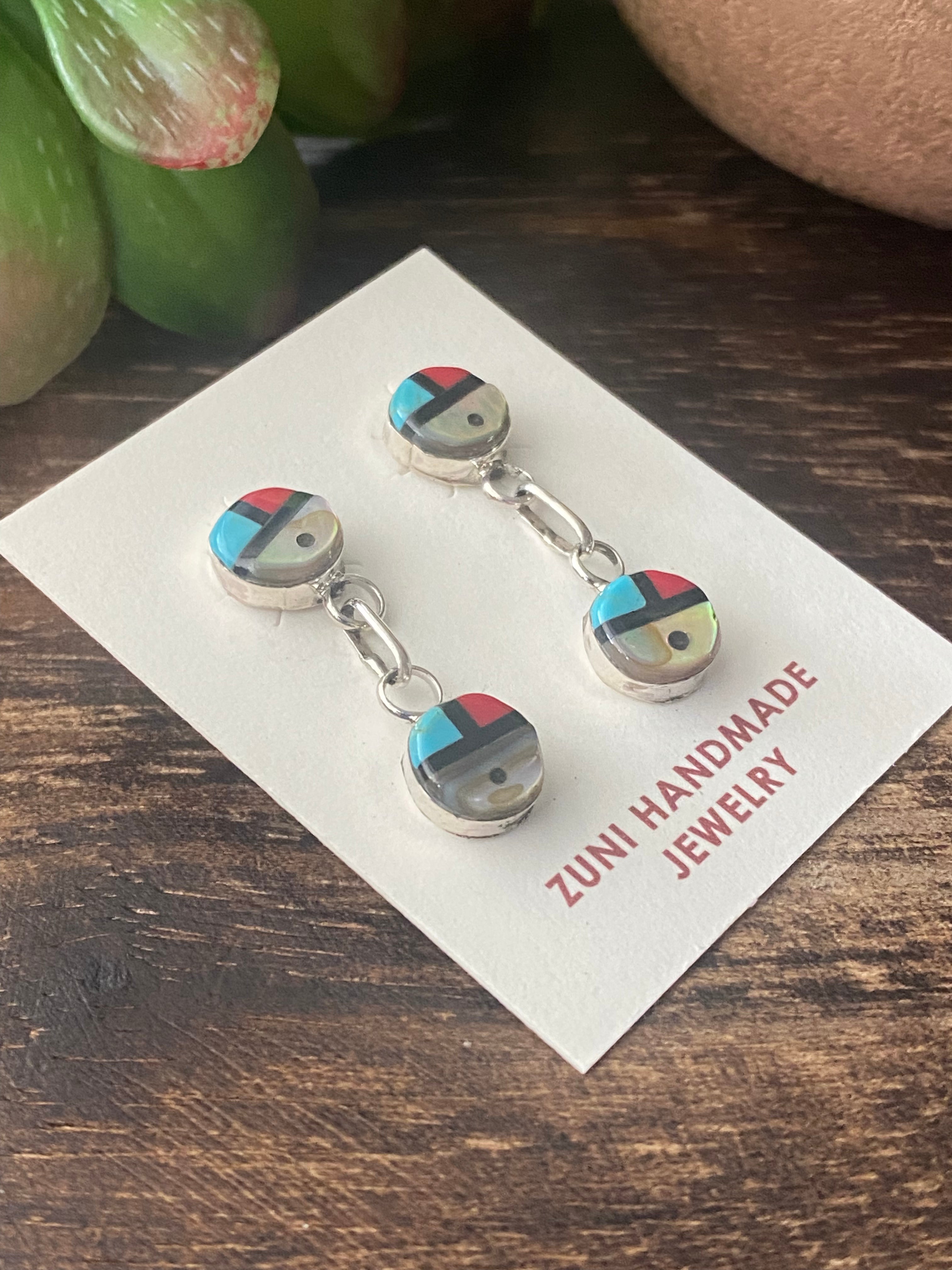 Zuni Made Multi Stone & Sterling Silver Sunface Post Dangle Earrings