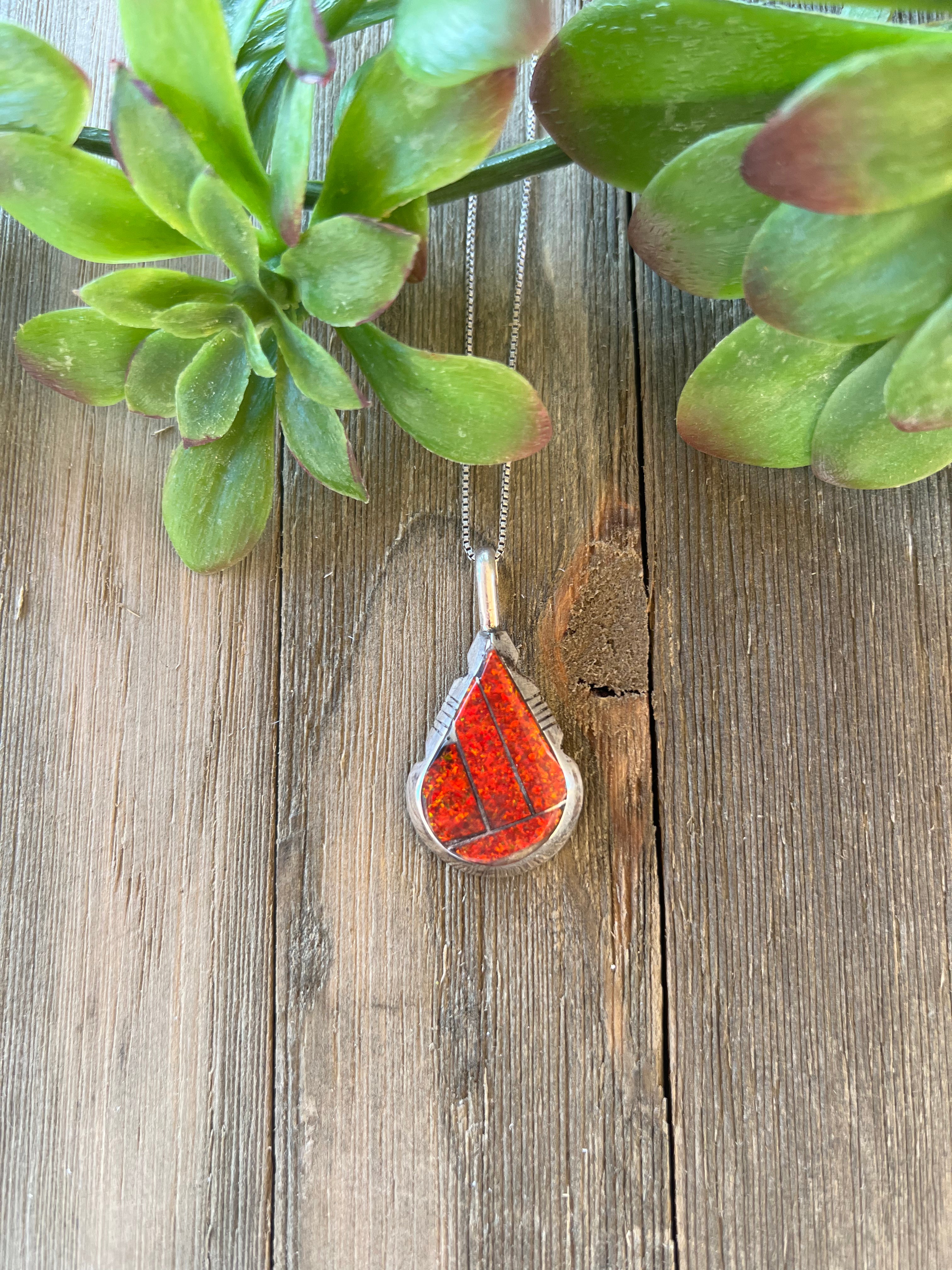 Brandon Etcitty Red Opal (Man Made) & Sterling Silver Inlay Pendant