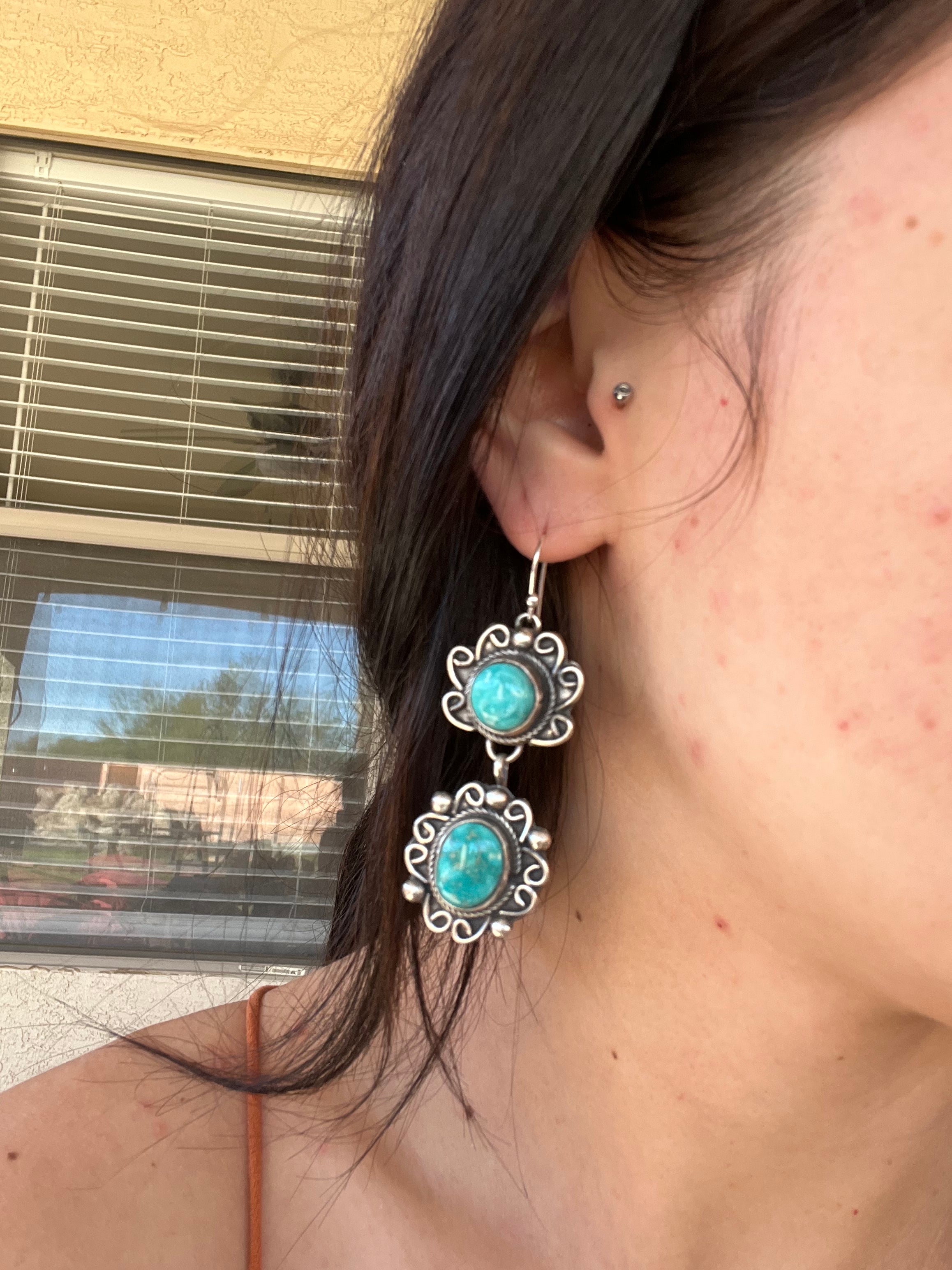 Navajo Made Sonoran Mountain Turquoise & Sterling Silver Post Dangle Earrings