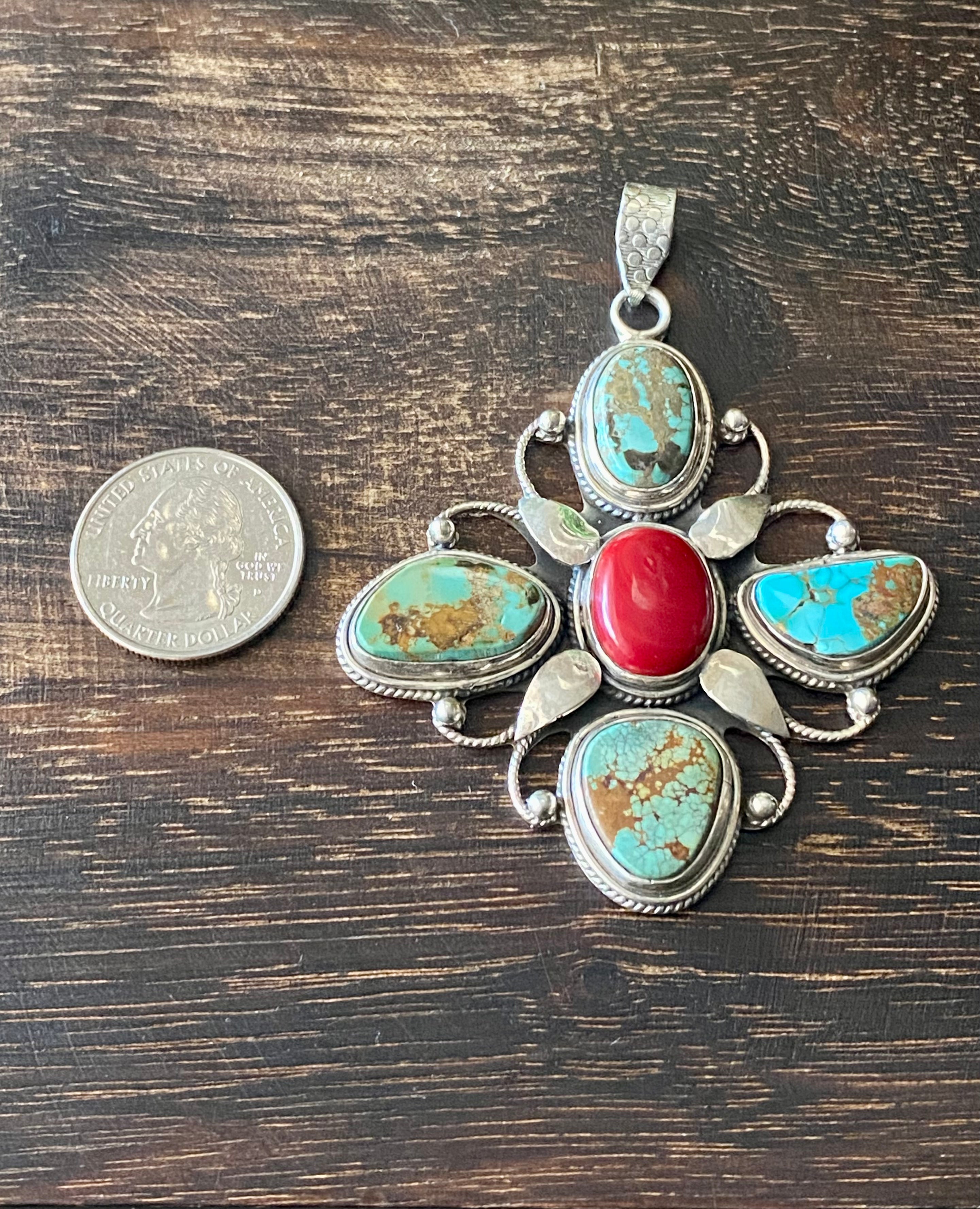 Navajo Made High Grade Royston Turquoise & Coral Sterling Silver Butterfly Pendant