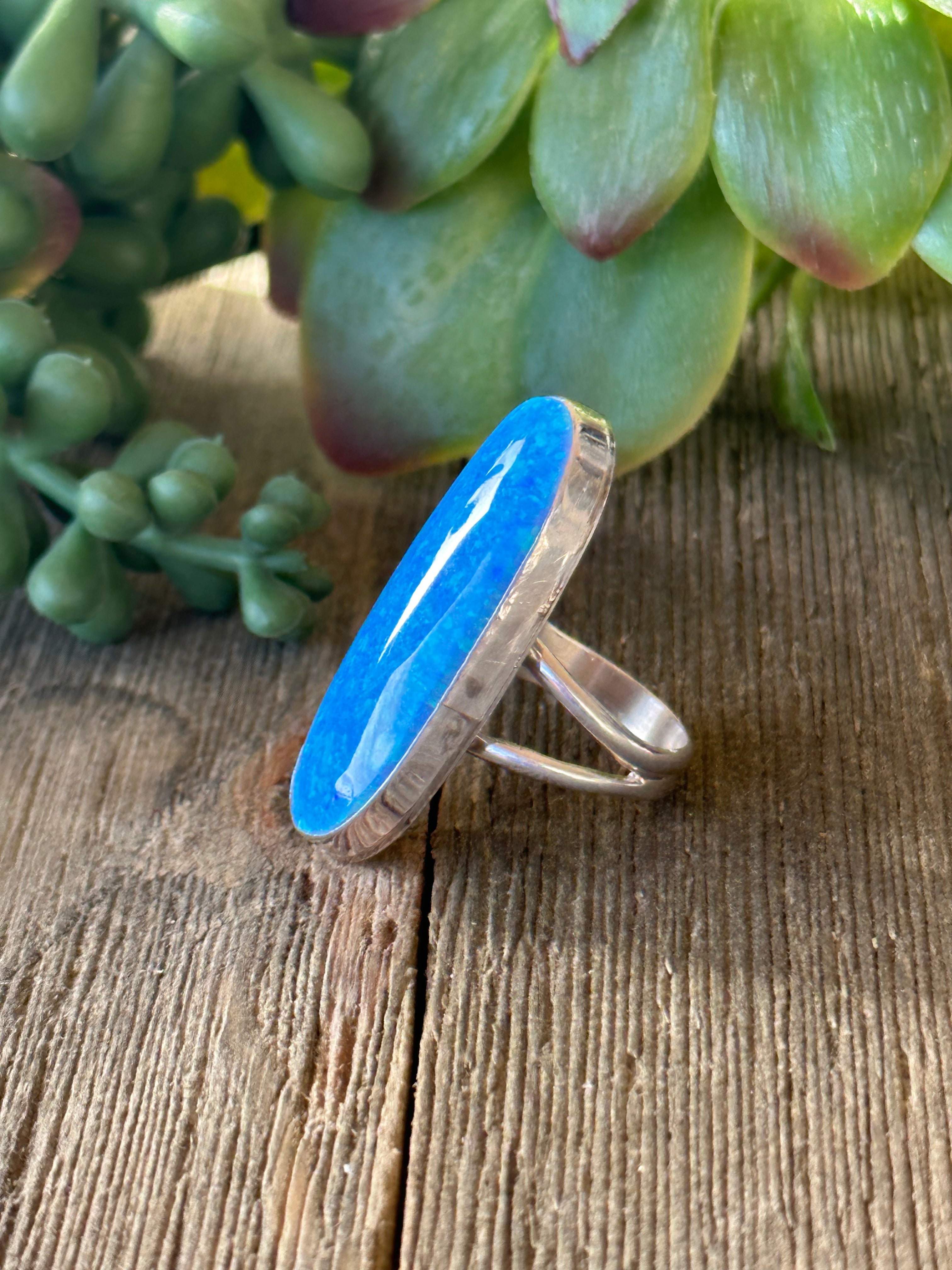 Navajo Made Blue Opal (Man-Made) & Sterling Silver Ring Size 6.25