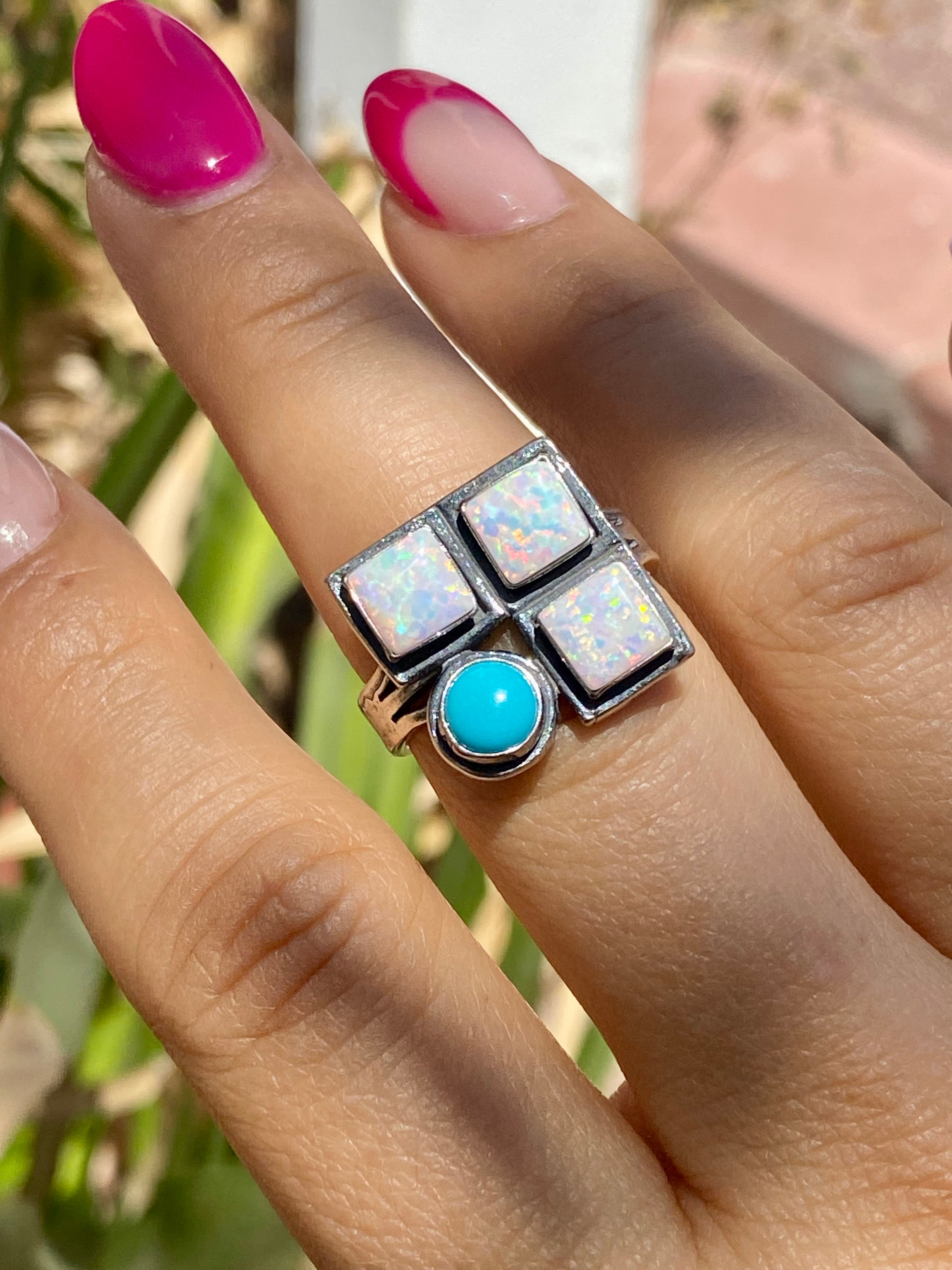 Navajo Made Kingman Turquoise & Opal Sterling Silver Ring Size 5