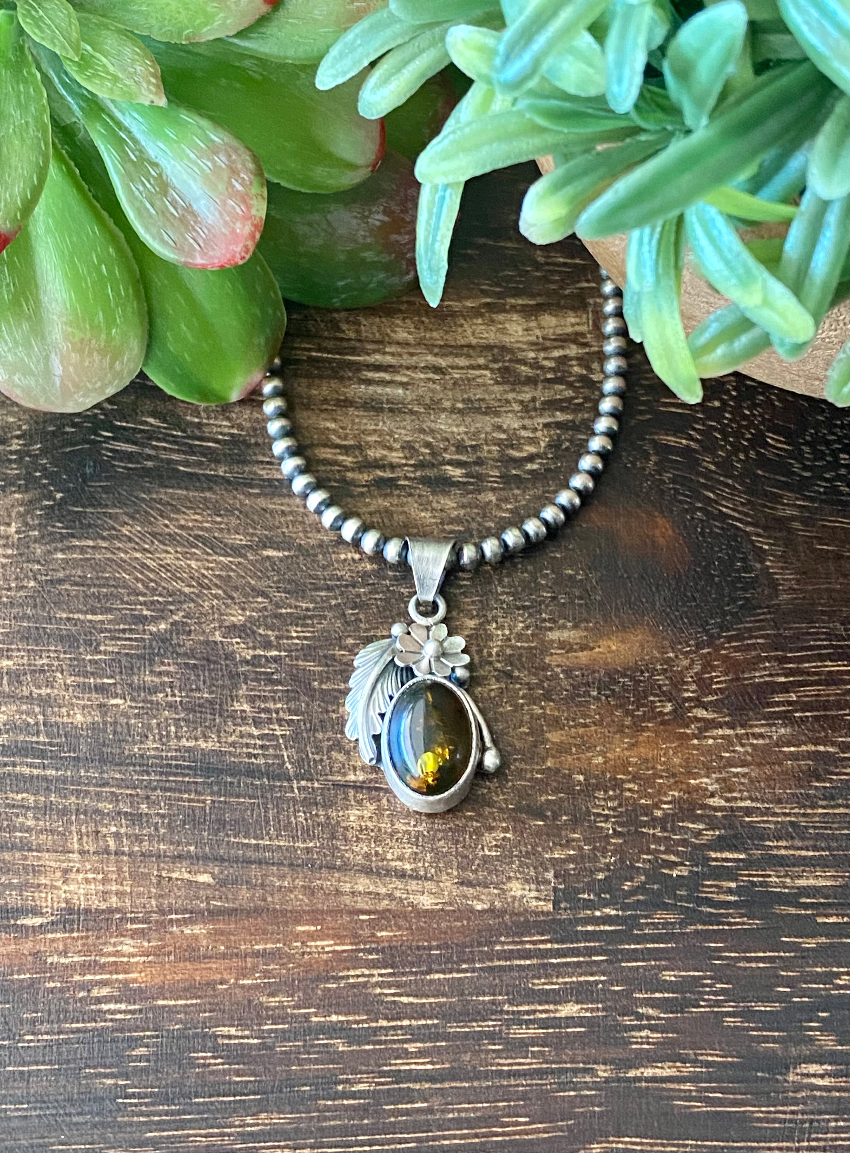 Navajo Made Amber & Sterling Silver Pendant