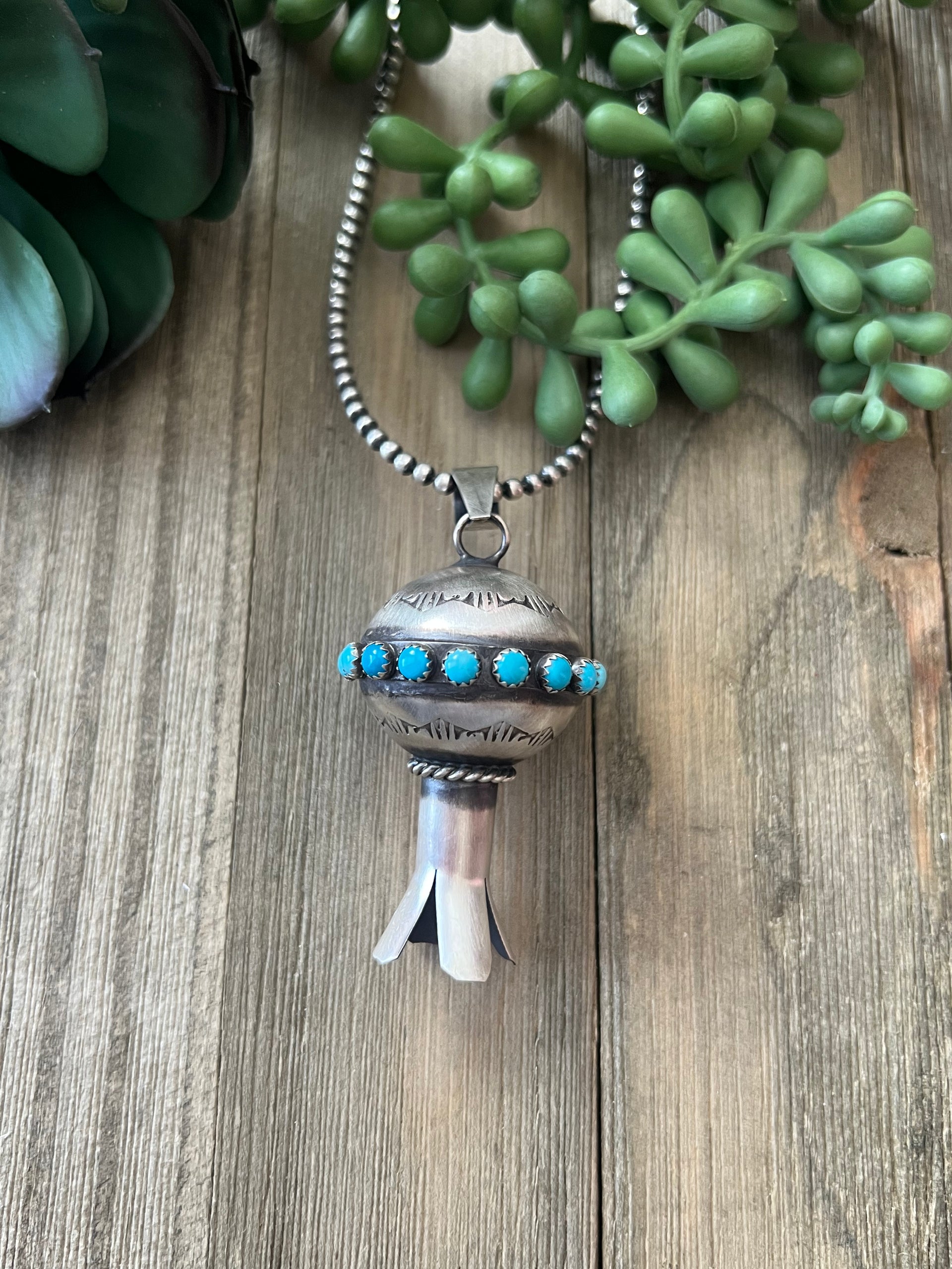 Navajo Made Kingman Turquoise & Sterling Silver Blossom Pendant