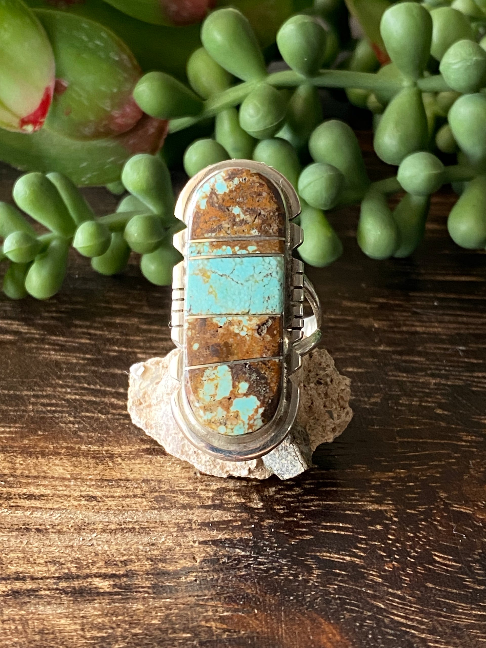Navajo Made #8 Turquoise & Sterling Silver Inlay Ring Size 6.75