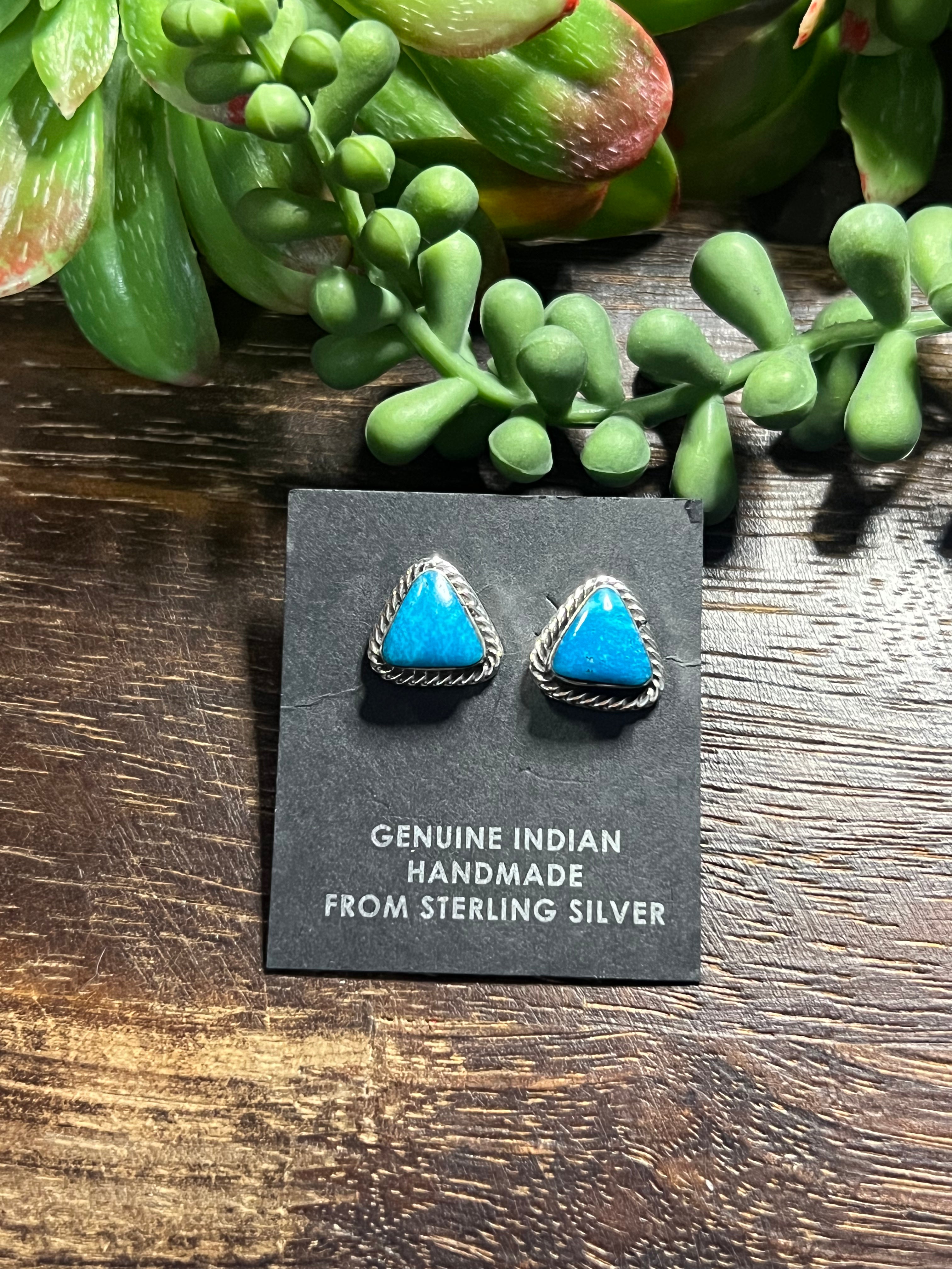 Navajo Made Kingman Turquoise & Sterling Silver Triangle Post Earrings