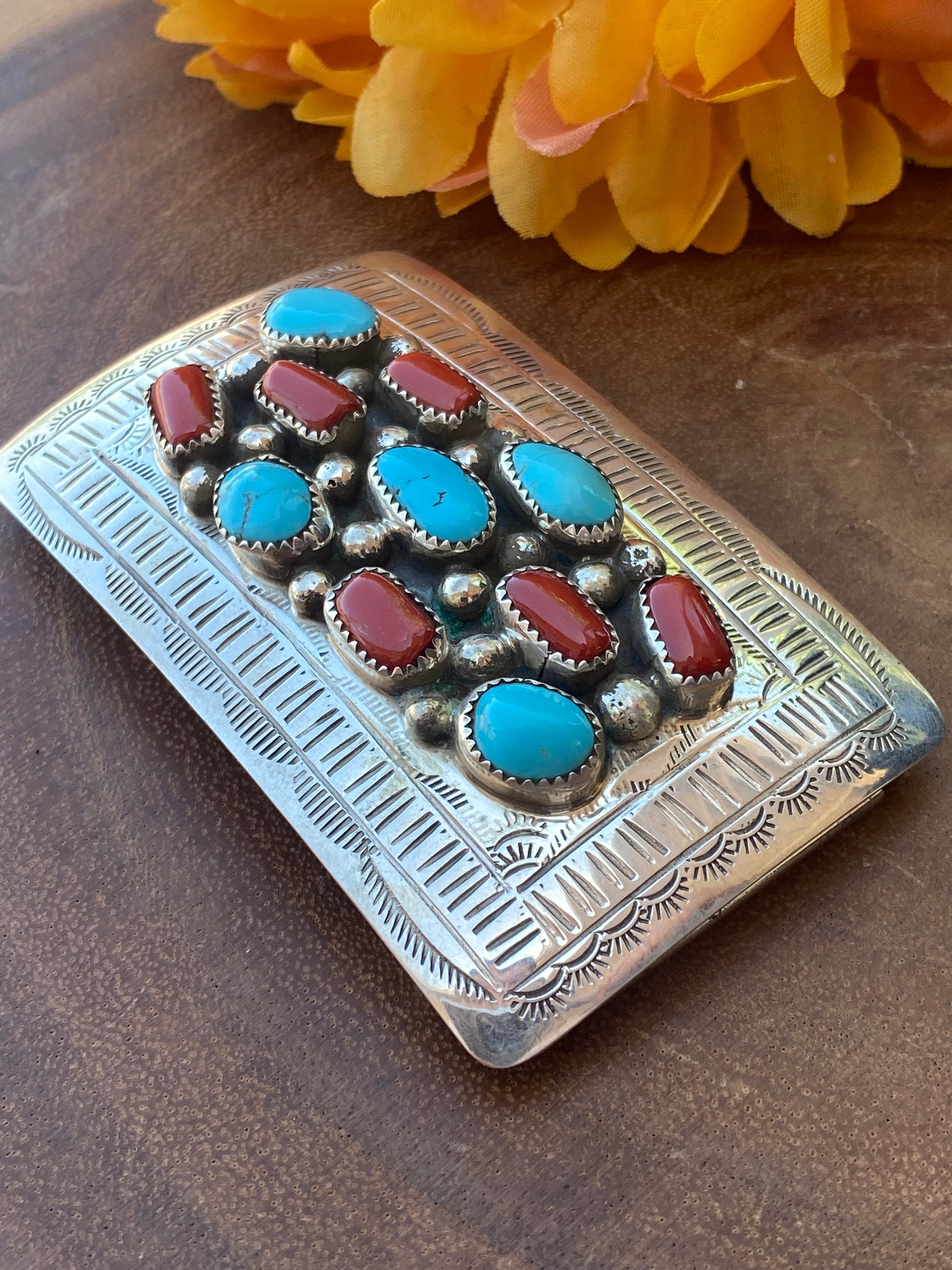 Vintage Navajo Made Kingman Turquoise & Coral Sterling Silver Belt Buckle