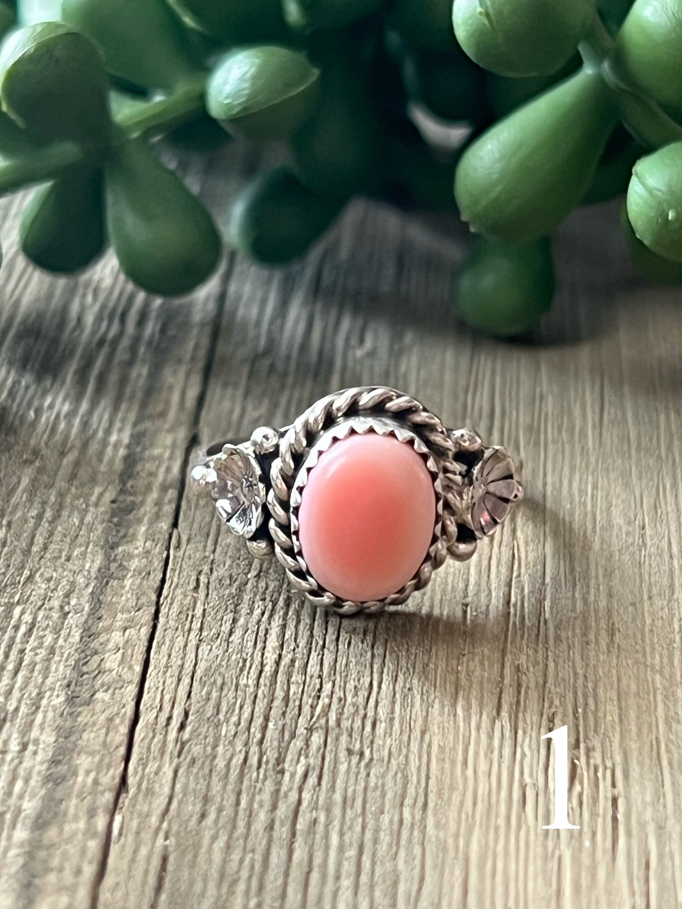 Navajo Made Pink Conch & Sterling Silver Ring