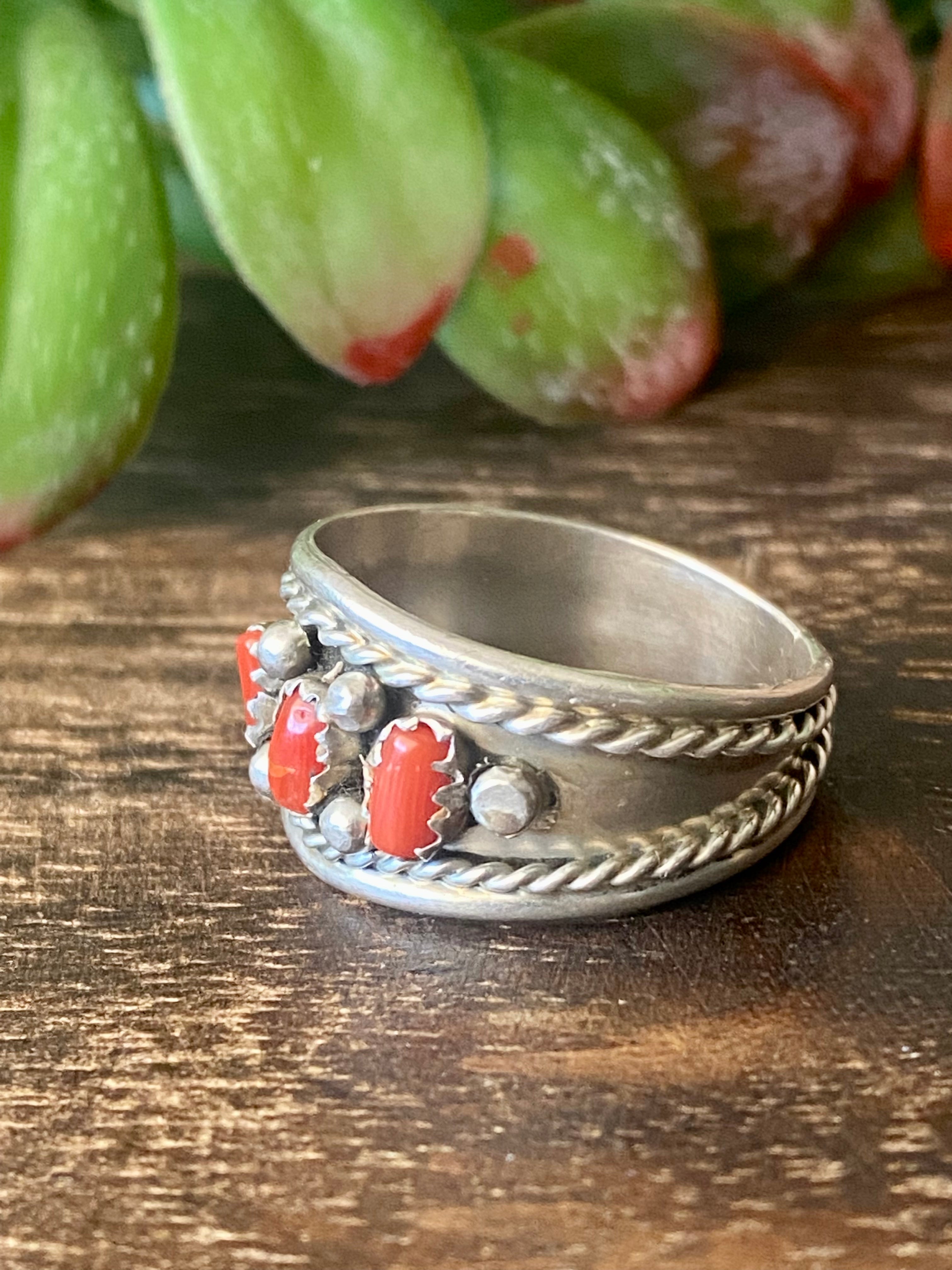 Navajo Made Coral & Sterling Silver Ring Size 11.5