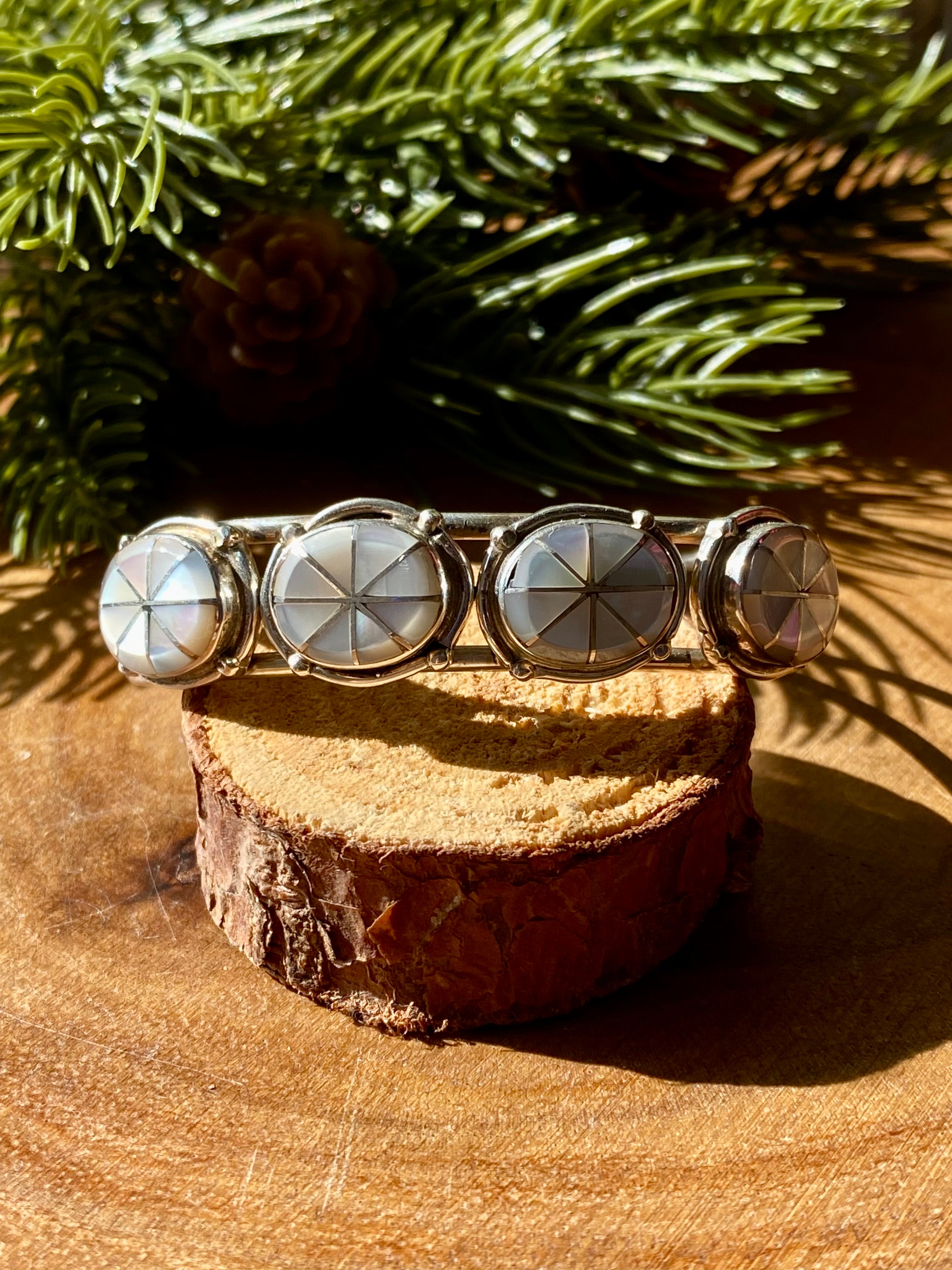Zuni Made Mother Of Pearl & Sterling Silver Inlay Cuff Bracelet