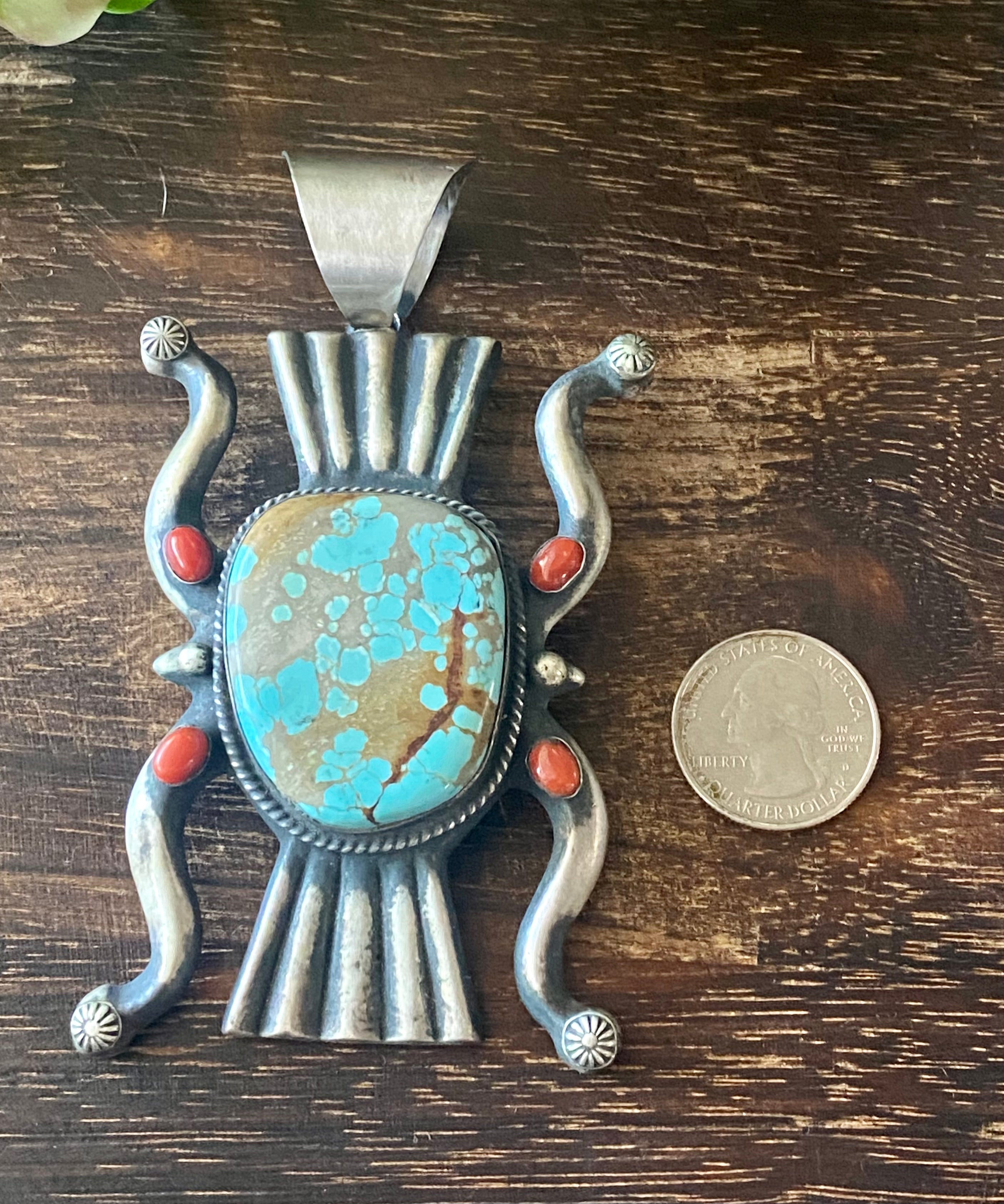 Chimney Butte #8 Turquoise & Coral Sterling Silver Pendant