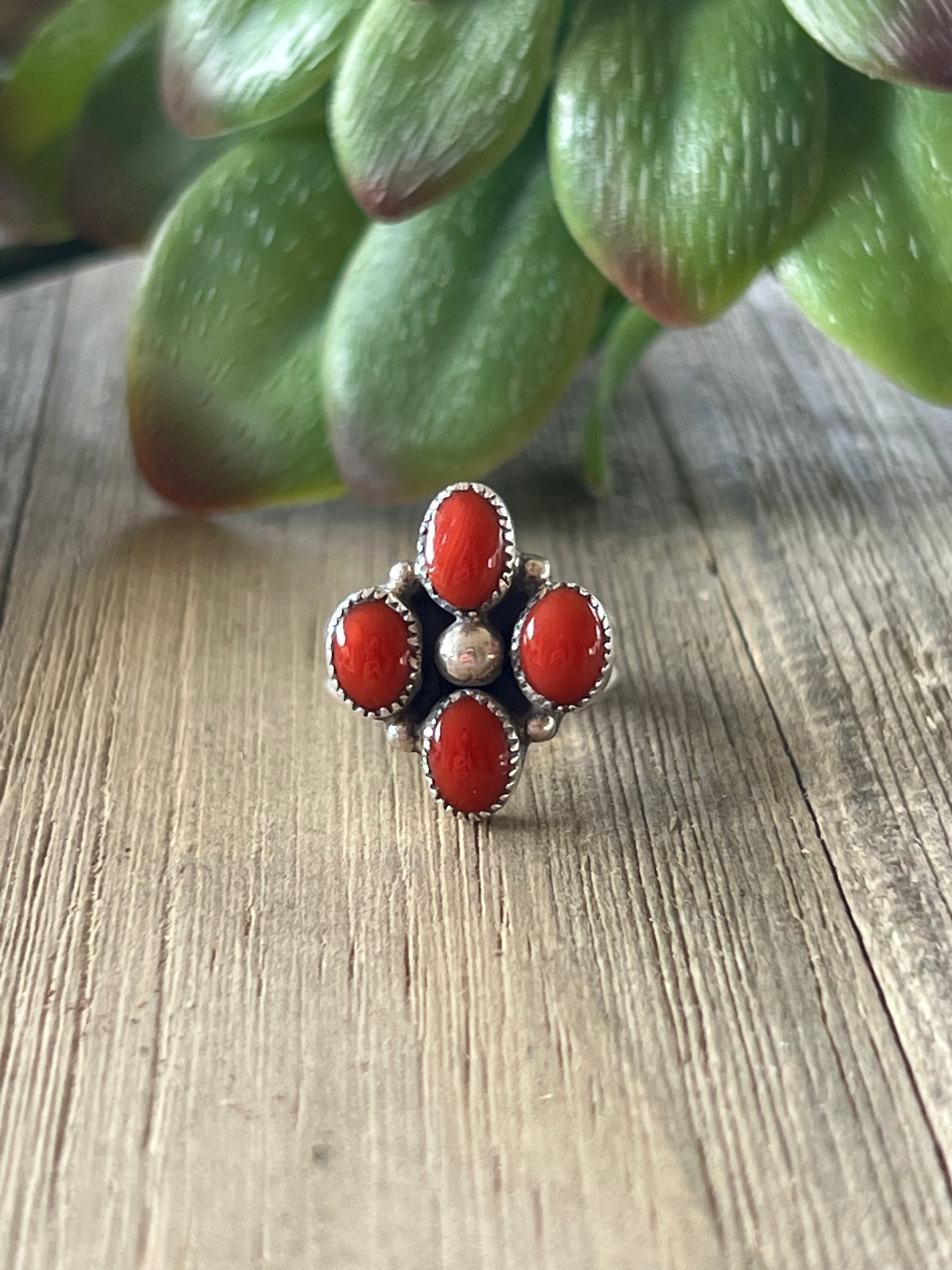 Navajo Made Mediterranean Coral & Sterling Silver Ring