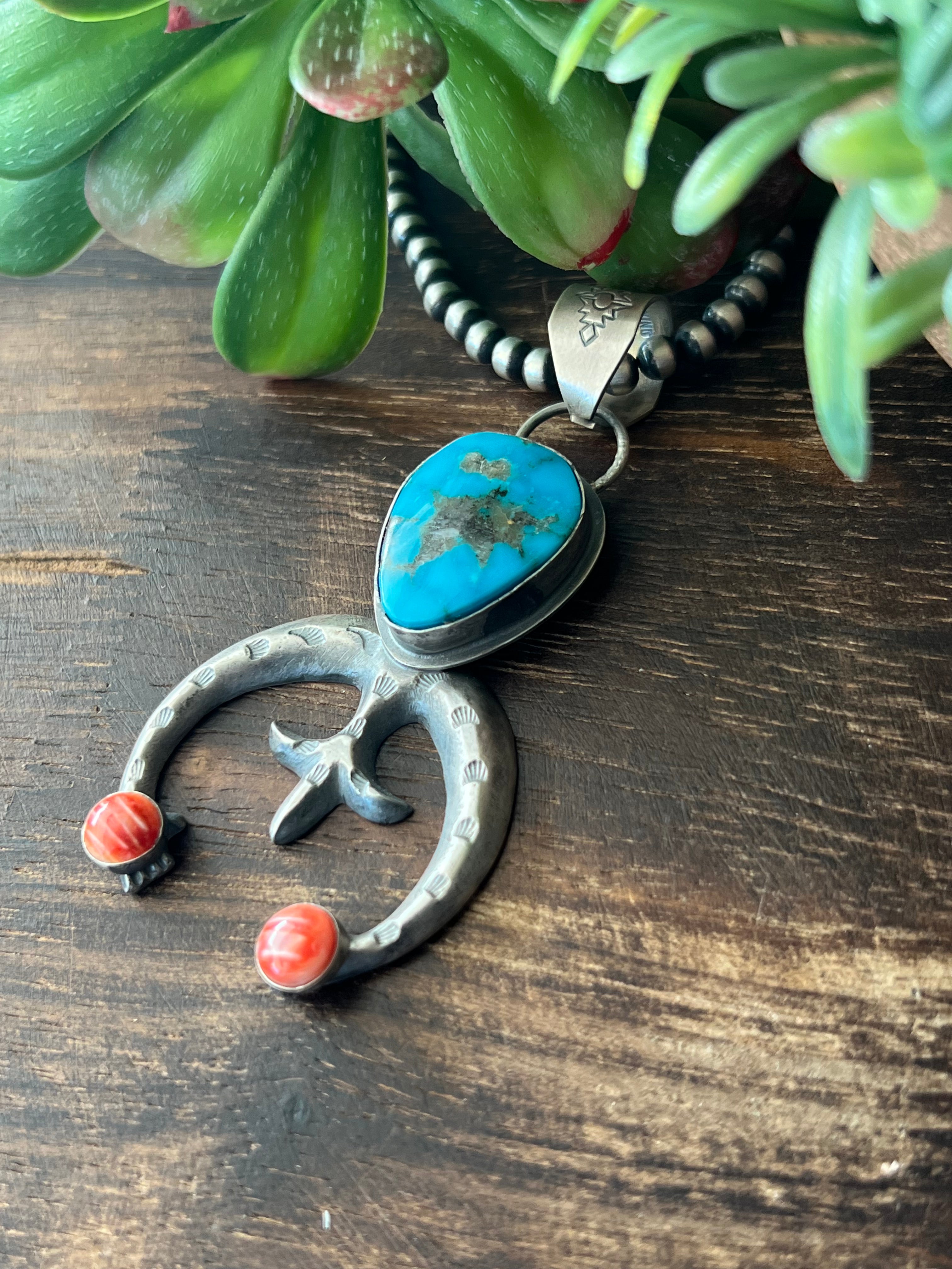 Ben Yazzie Kingman Turquoise & Spiny Oyster Sterling Silver Naja Pendant